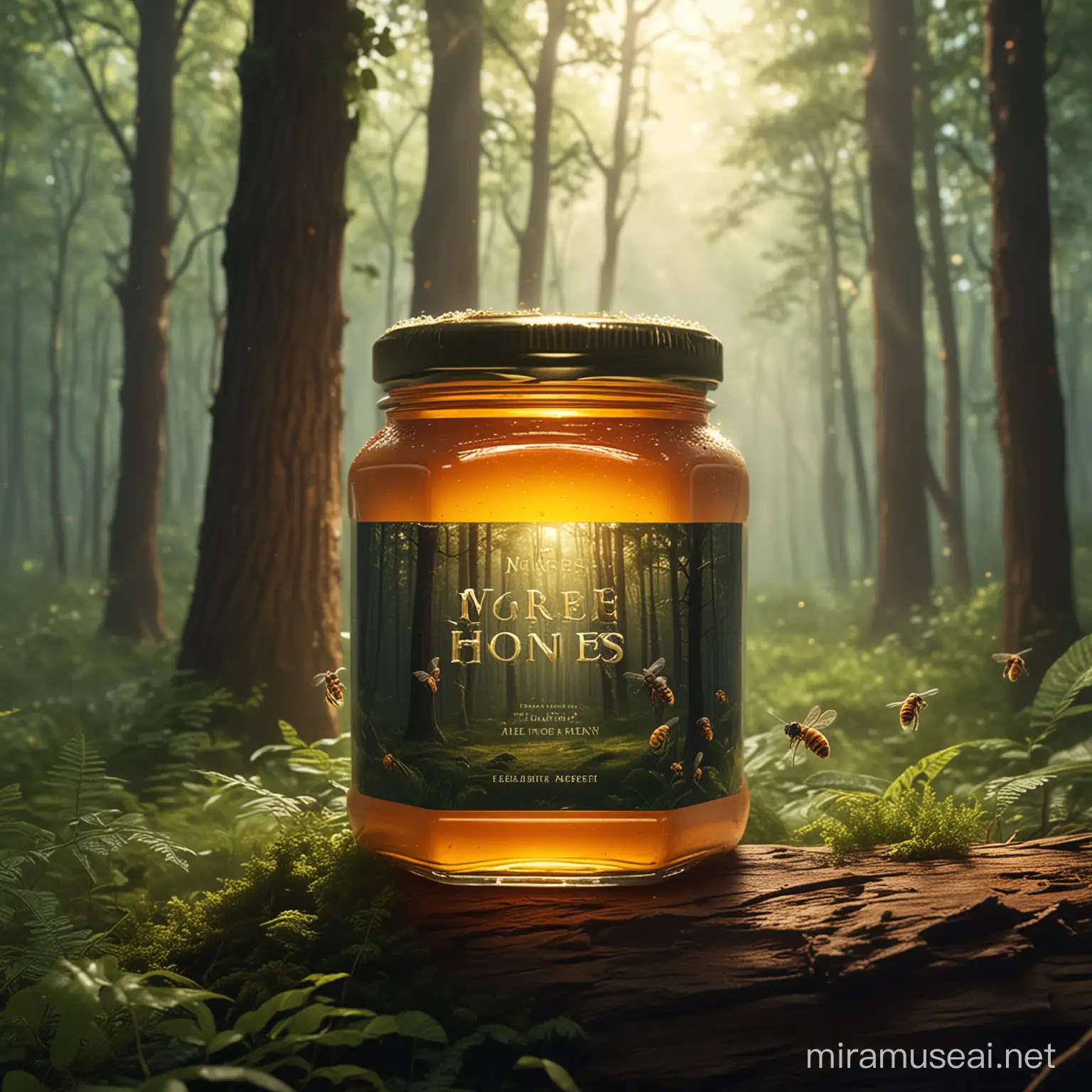 make a forest honey jar mock up, beautiful, cinematic lightening, 