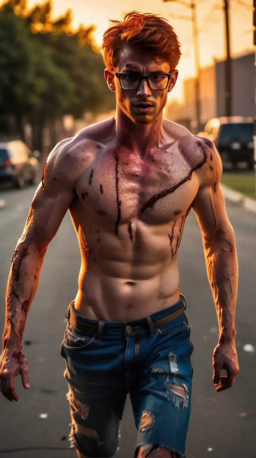 Handsome boyfriend, short hair, redhead, stubbles , brown eyes, glasses, muscular, shirtless, very sweaty, olled upup, hairy, scarred chest, show abs, show legs, injured, bleeding,  torn jeans, running to rescue the viewer, sunset, full body shot 