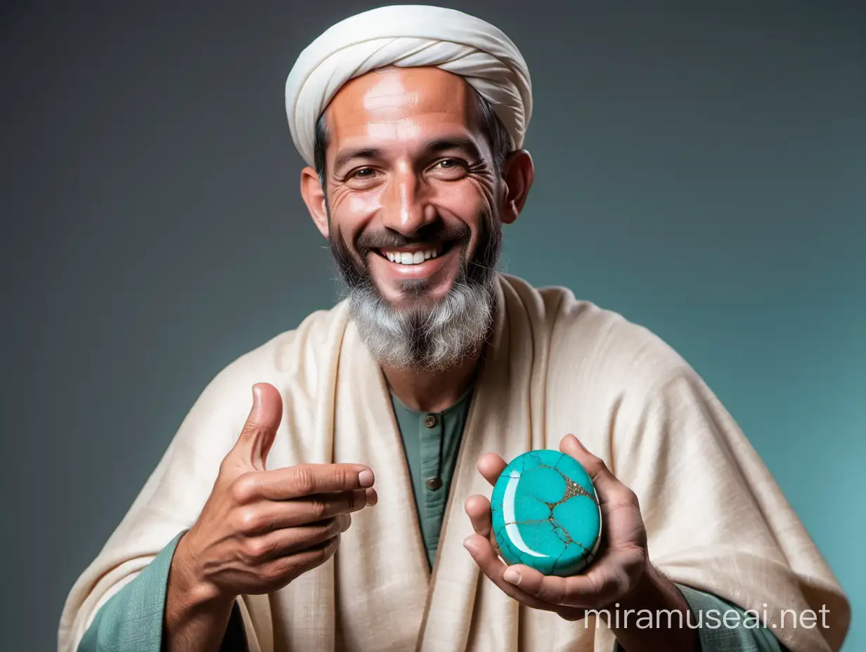Ancient Jewish Man Holding Turquoise Stone with a Smile