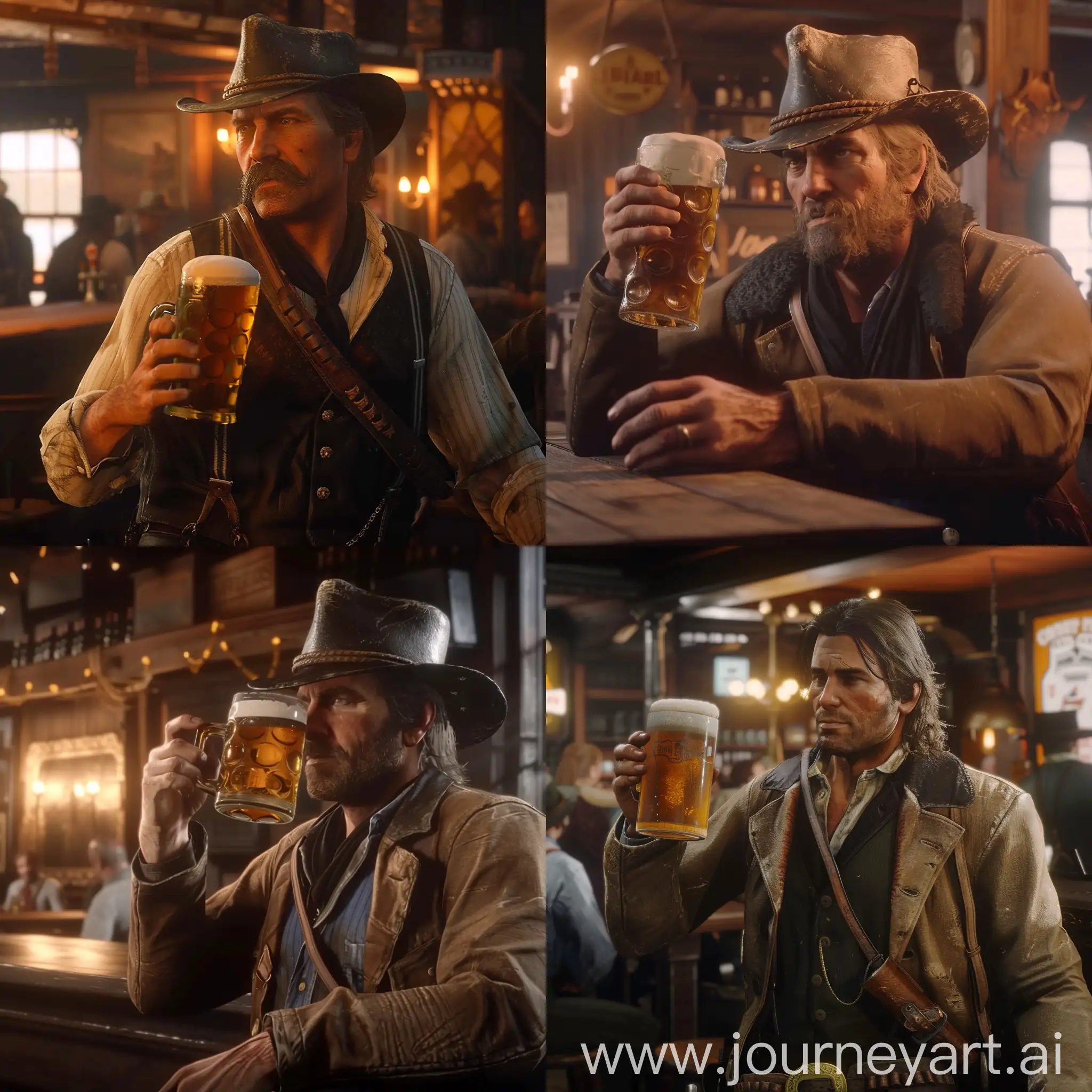 Screenshot from red dead redemption 2, Arthur drinking beer at the pub --v 6 --ar 1:1 --no 85364