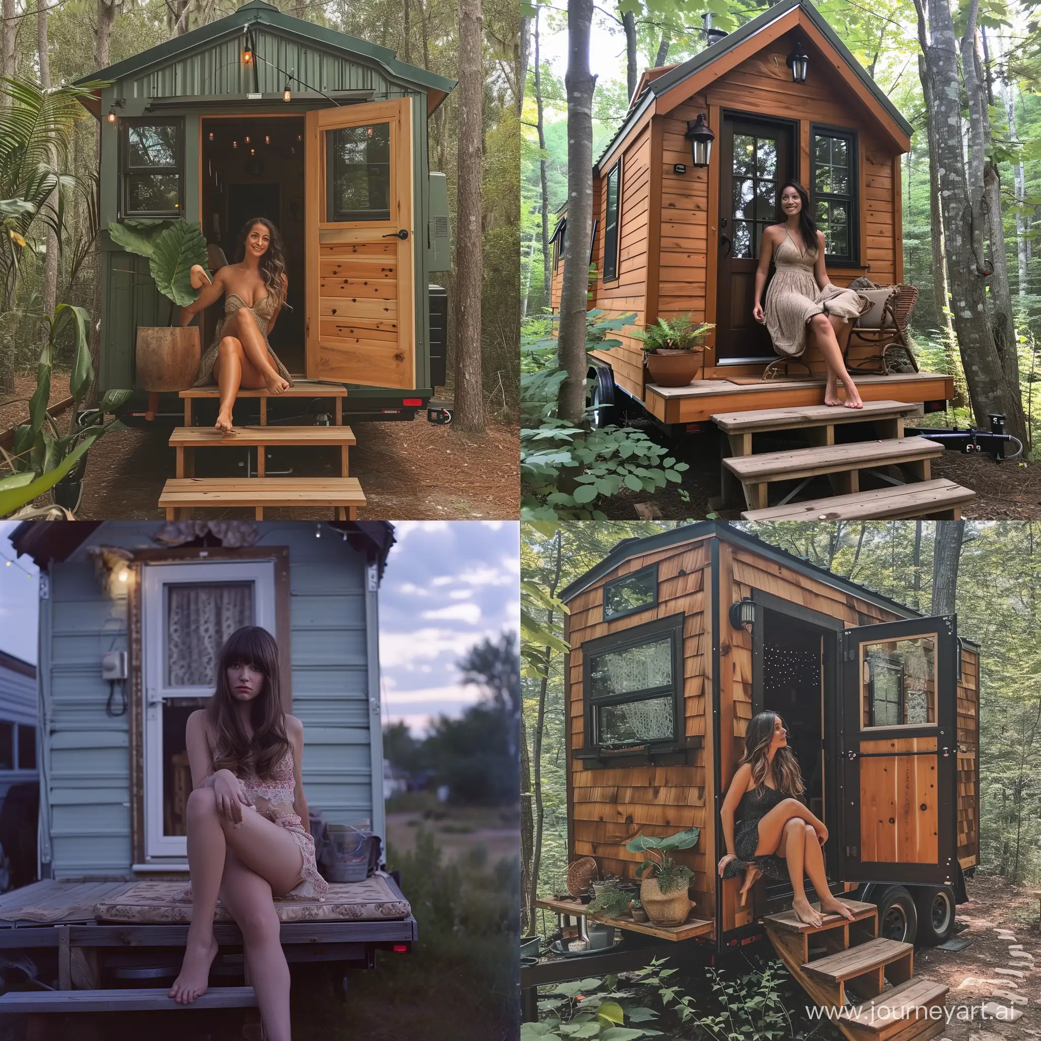 Sensual girl on porch of Tiny house