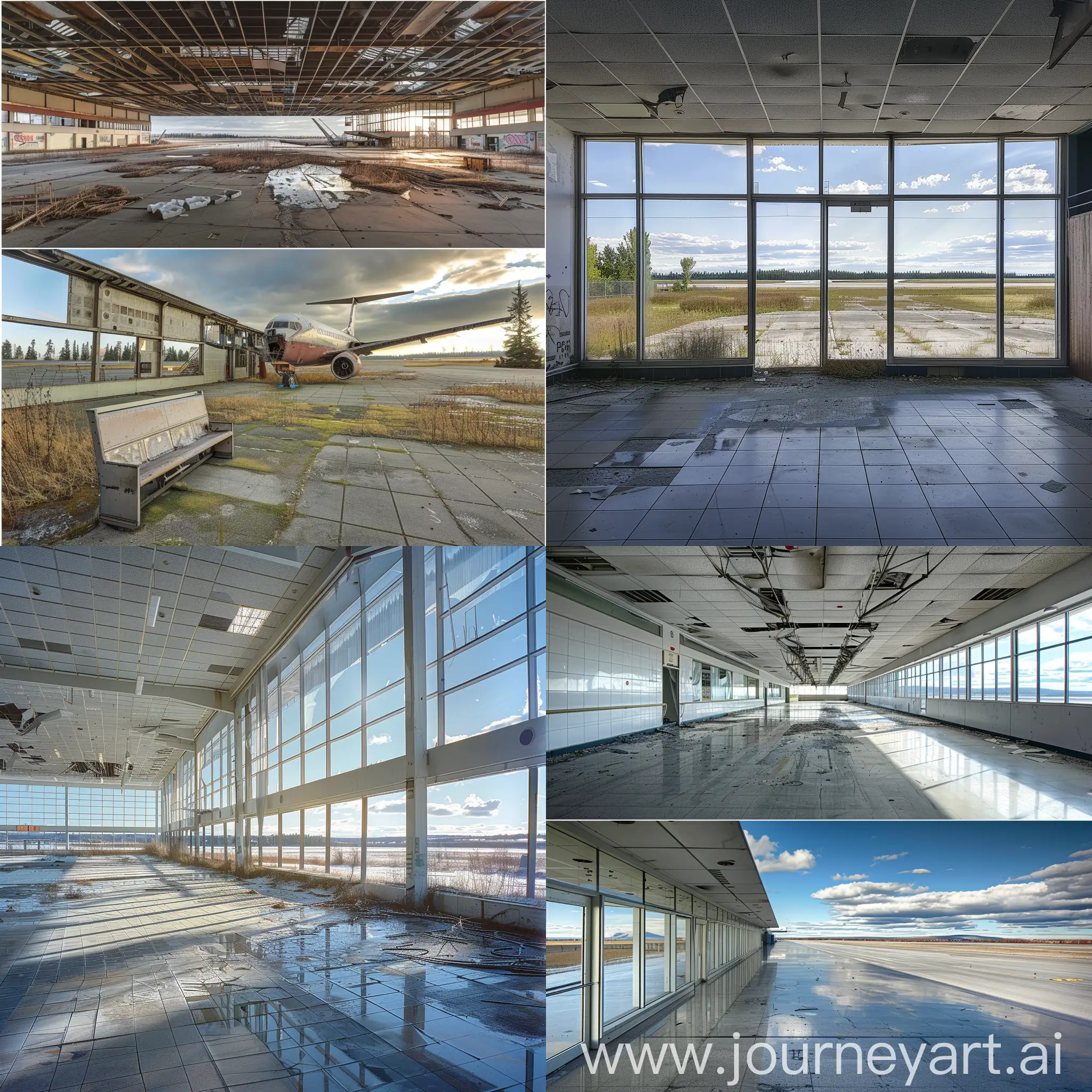 An abandoned airport in Canada, some pictures of the interiors, and an external panoramic view. Realistic daytime