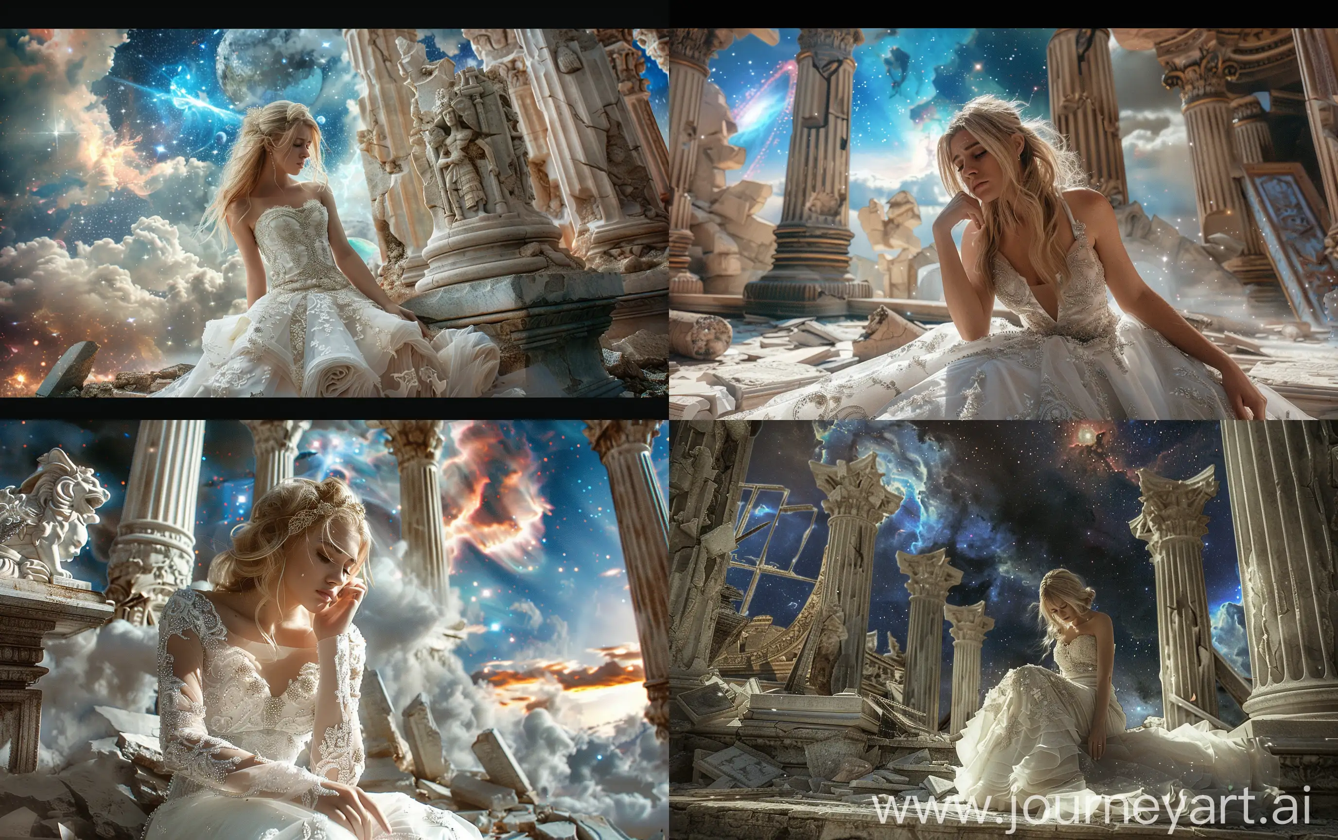 Photo shot of an attractive blonde model in a mystic wedding dress, she is inside a large celestial gods temple, she is sad, mysterious hi-tech antique architecture, particularly damaged columns, damaged altar, deep space in the sky with nebulas, realistic --ar 16:10