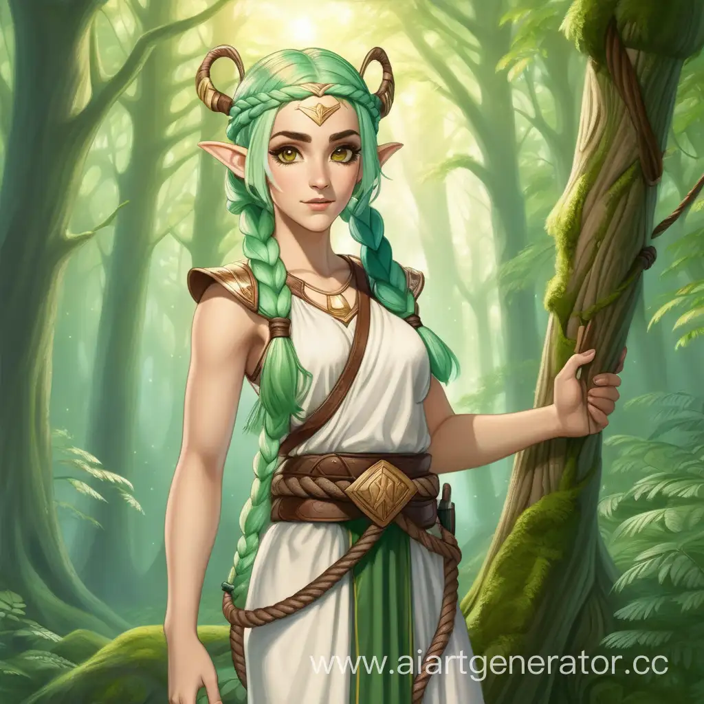 Богиня со светло-зелеными волосами, заплетенными в косу. Карие глаза. Эльфийские уши. Носит тогу с веревочным поясом. Стоит в лесу.