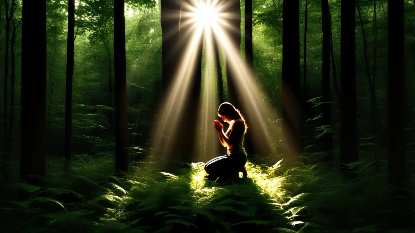 Person Finding Serenity in Sunlit Forest Amid Lifes Challenges