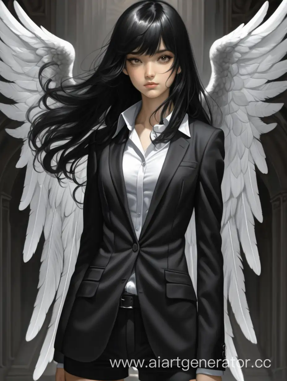 Archangel girl in a black suit and black hair 