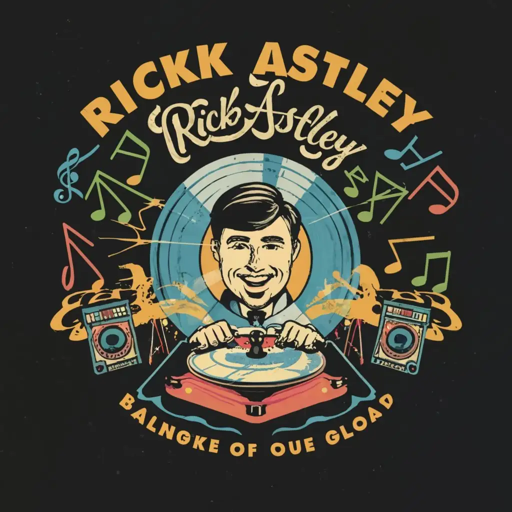 LOGO-Design-For-Never-Gonna-Give-You-Up-Retro-Vinyl-Record-with-Rick-Astley-Caricature-and-Musical-Notes