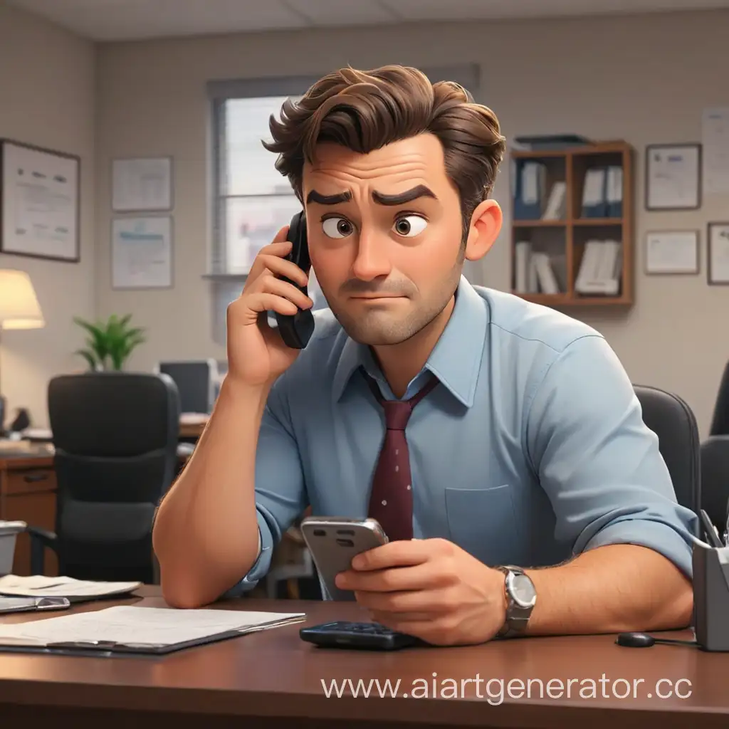 Cartoon-Man-Sitting-at-Office-Desk-with-Phone