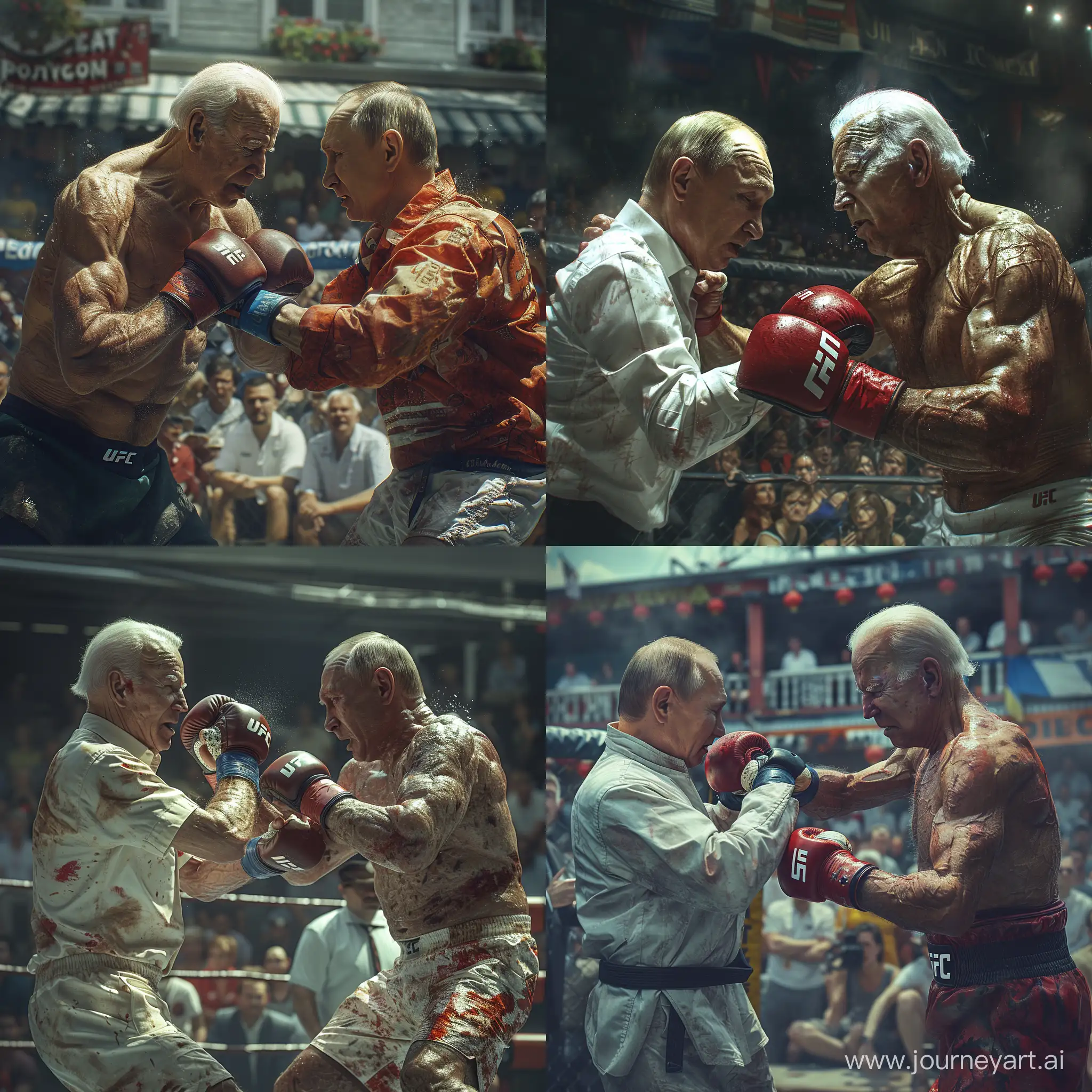 A realistic picture of joe biden and Vladimir Putin playing mma , in front of an udience watching the match, Referee with blur in the background, accuracy, focus, and very details skin, --stylize 750 --v 6