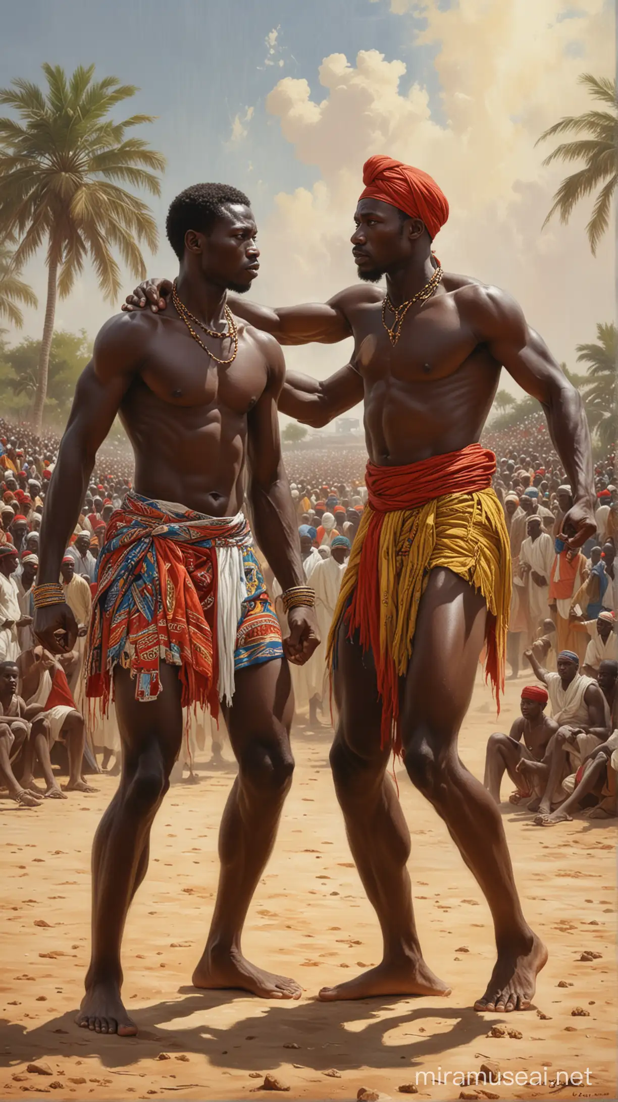 Le tableau dépeint un scène vibrante et captivante, figeant un moment d'intensité entre deux lutteurs sénégalais au milieu du 19ème siècle, en 1823. L'artiste a capturé l'énergie brute et la grâce de ces athlètes dans un cadre qui reflète à la fois leur culture et leur passion pour leur art.

Au centre du tableau, les deux lutteurs se tiennent face à face, prêts à s'affronter dans un duel de force et de technique. Leurs corps sont musclés et athlétiques, témoignant de leur dévouement et de leur entraînement rigoureux. Ils portent des tenues traditionnelles, probablement des boubous colorés, ornés de motifs symboliques représentant leur héritage culturel et leur fierté sénégalaise.

L'arène où se déroule le combat est remplie d'une foule enthousiaste, composée de spectateurs de tous âges et de toutes origines. Les visages des spectateurs expriment l'excitation et l'anticipation, certains levant les bras en signe de soutien à leur lutteur préféré, tandis que d'autres observent avec une concentration intense.

La lumière du soleil, filtrant à travers les nuages, crée des jeux d'ombres et de lumière qui ajoutent de la profondeur et du réalisme à la scène. Les couleurs chaudes et vibrantes utilisées par l'artiste évoquent l'atmosphère électrique de l'événement, amplifiant la tension palpable entre les deux combattants.

En arrière-plan, on peut apercevoir des éléments du paysage sénégalais, peut-être des palmiers ou des huttes traditionnelles, rappelant le contexte culturel et géographique dans lequel se déroule le combat.

Dans l'ensemble, le tableau capture non seulement le spectacle physique du combat, mais aussi l'essence même de la lutte sénégalaise en tant qu'art traditionnel profondément enraciné dans l'histoire et la culture du peuple sénégalais.