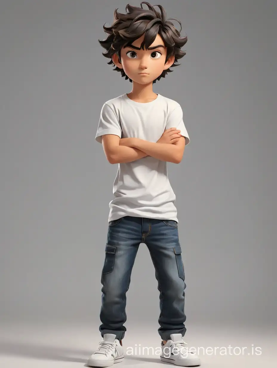 boy in cartoon style, an ironic expression on his face,  dark wavy hairstyle, Wearing a white T-shirt without inscriptions, dark jeans pants, Hands crossed over his chest, full-body shot, sneakers, two different poses, full body, 2 poses, maximum detail, best quality, HD, gorgeous light and shadow, detailed design, 3D quality