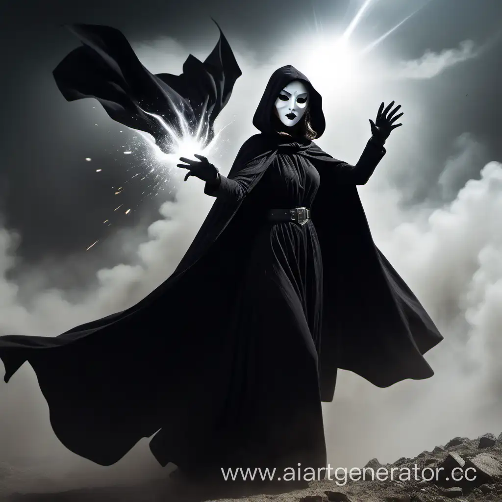 a woman in a black and white mask, a black cloak flies over the battlefield. A white light emanates from her hand.