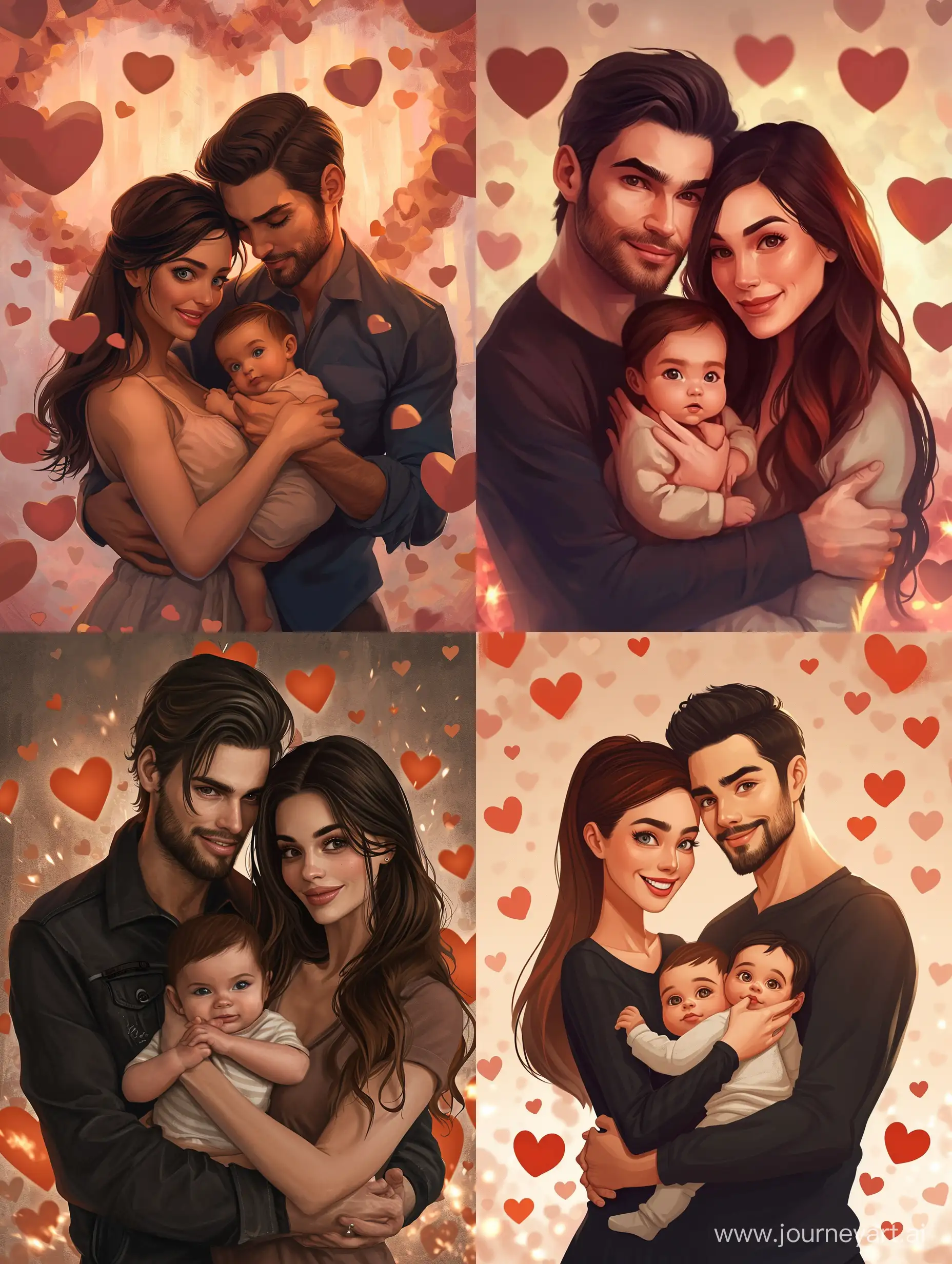 a man and woman holding a baby in front of hearts, digital art, instagram, digital art, handsome stunning realistic, avatar image, perfect android girl family, cartoon painting, lovely detailed faces, cute cartoon, a potrait of a beautiful, 9 k