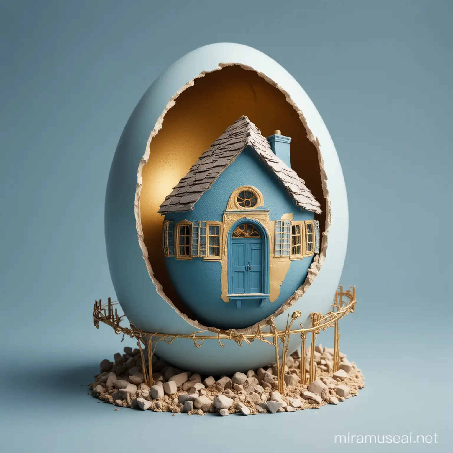 una casa saindo de un huevo, en tonos de azul e dorarado