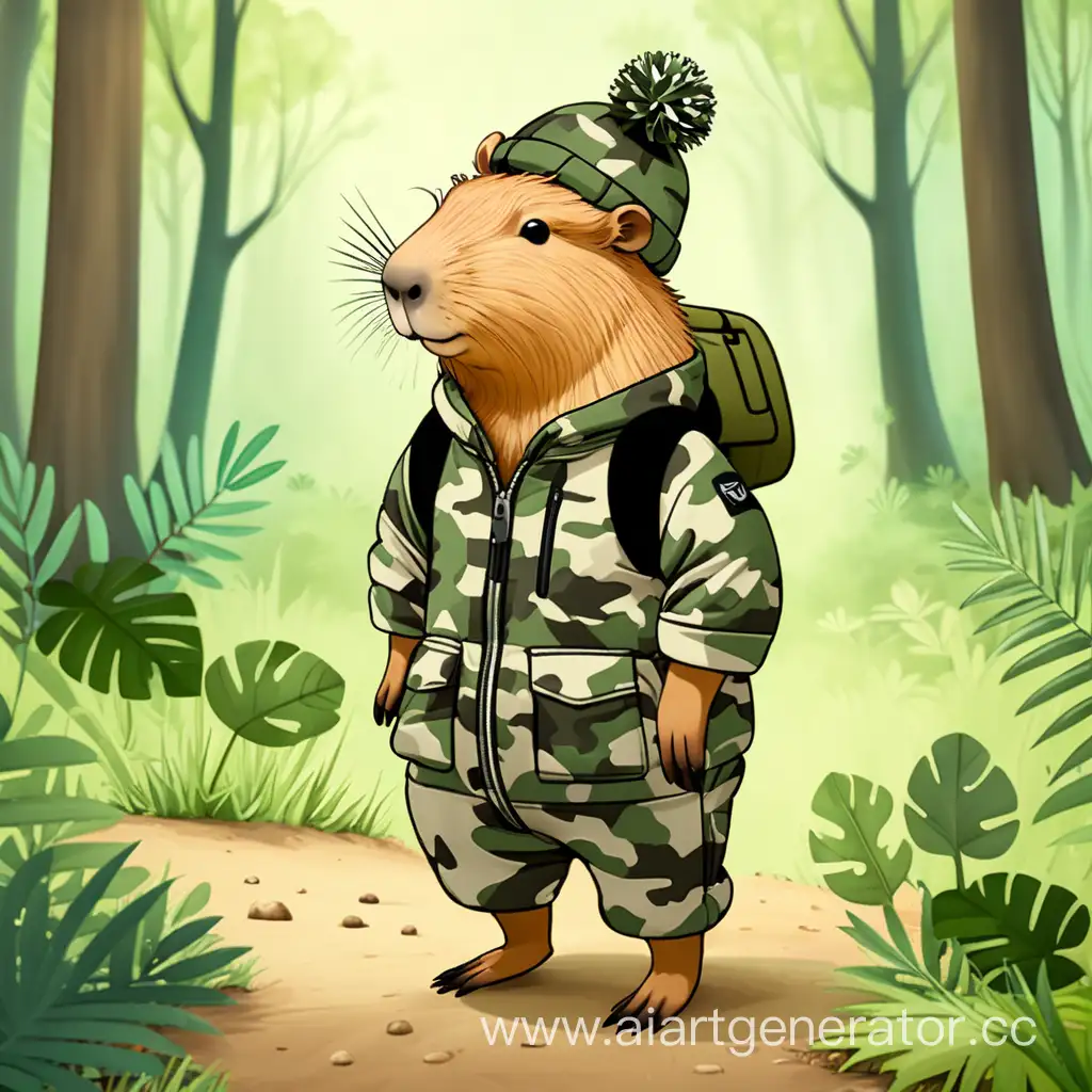 Solitary-Capybara-in-Forest-Wearing-Camouflage-Jumpsuit-and-Pompom-Hat