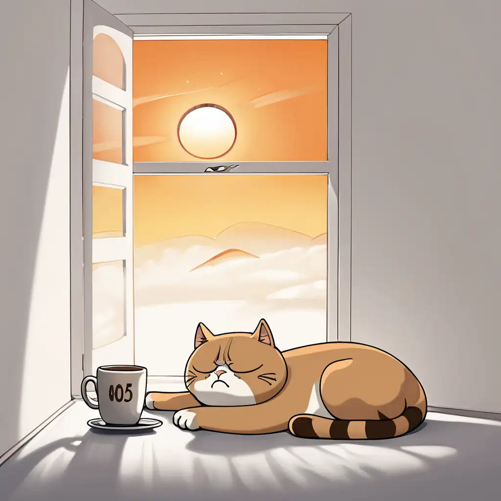 Sleepy Cat in Morning Onesie with Coffee at Sunrise