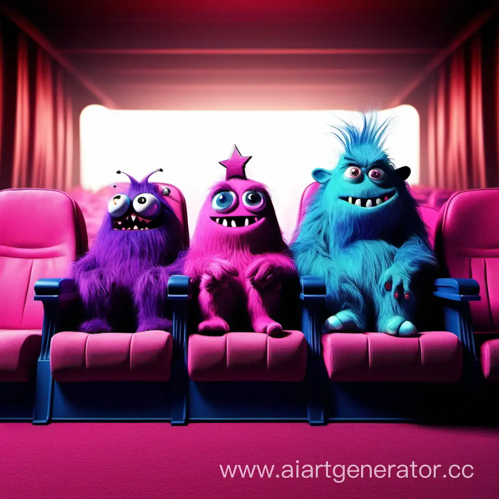 три маленьких  монстра один фиолетовый второй синий и третий розовый сидят в кинотеатре
