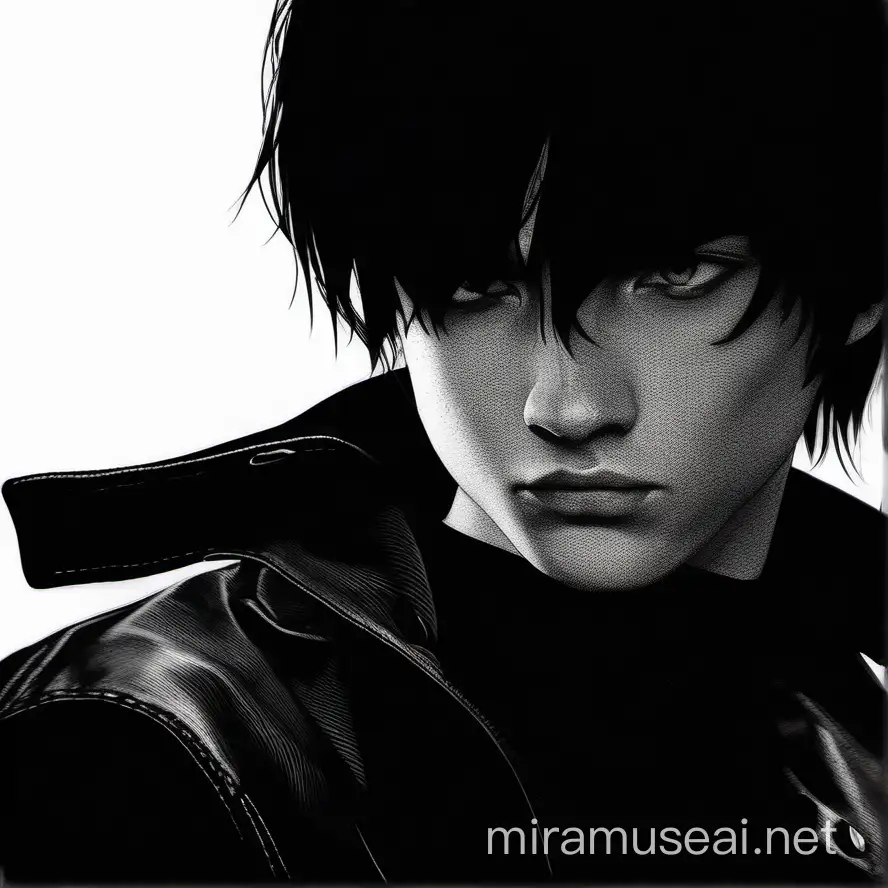 black and white, hyperrealistic, young man, black hair, black jaket