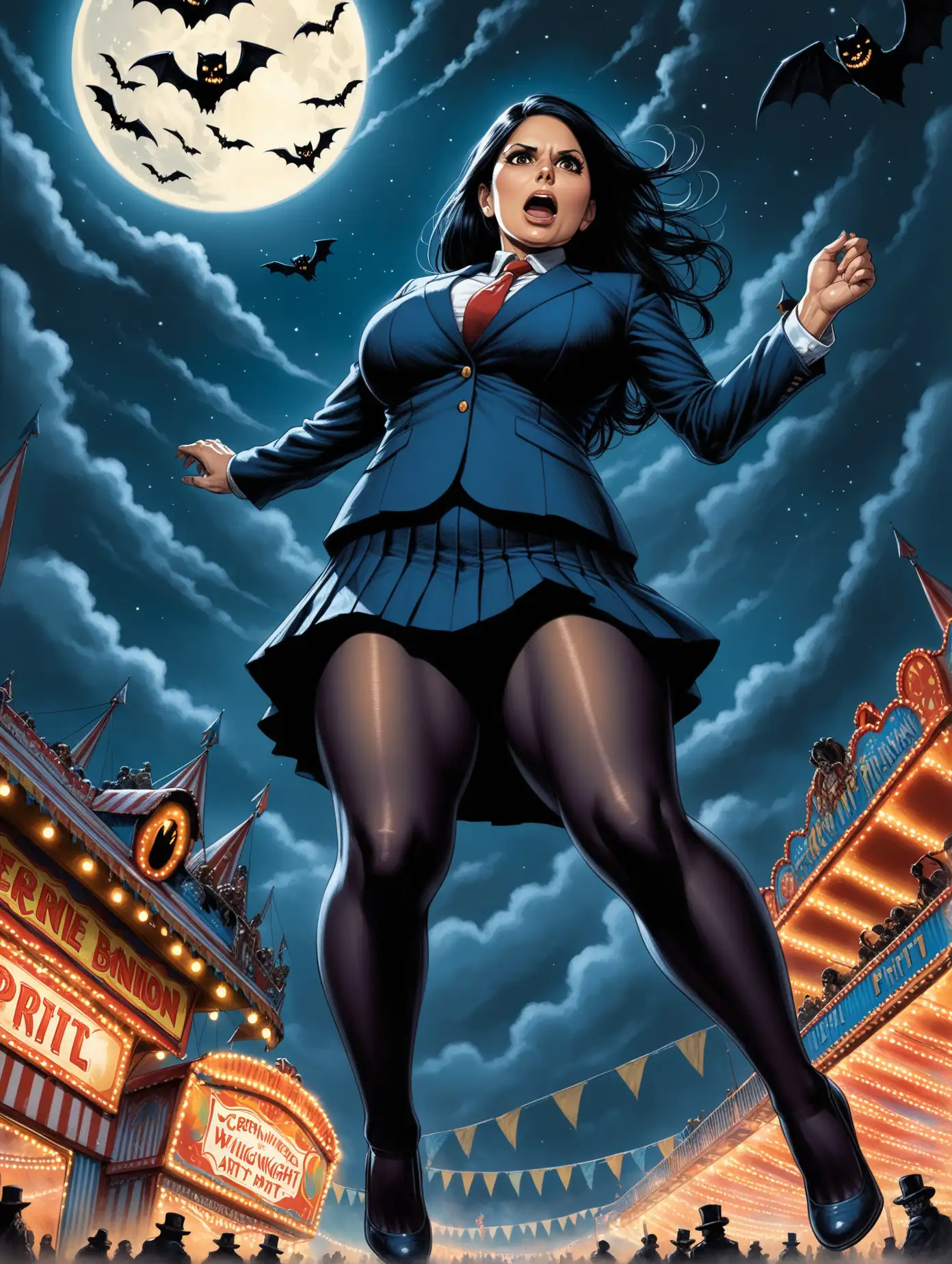Voluptuous,  Mature Priti Patel, short pleated navy skirt suit, wide stance at carnival[Highly Detailed] Bernie Wrightson art style, below angle, navy pantyhose, spooky night, realistic, skirt lifting up, looking down in disbelief, feet dangling