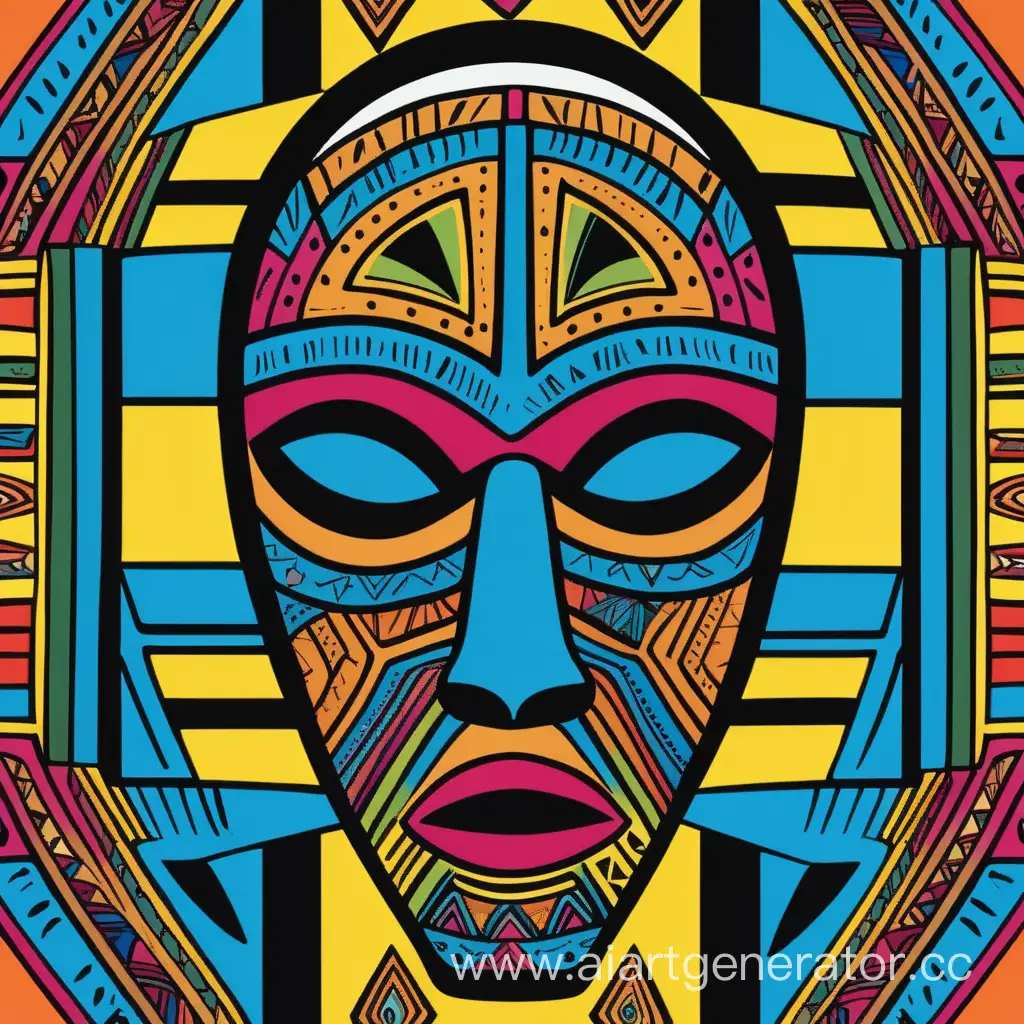 brightly colored, comic book style, african tribal mask with patterns on it