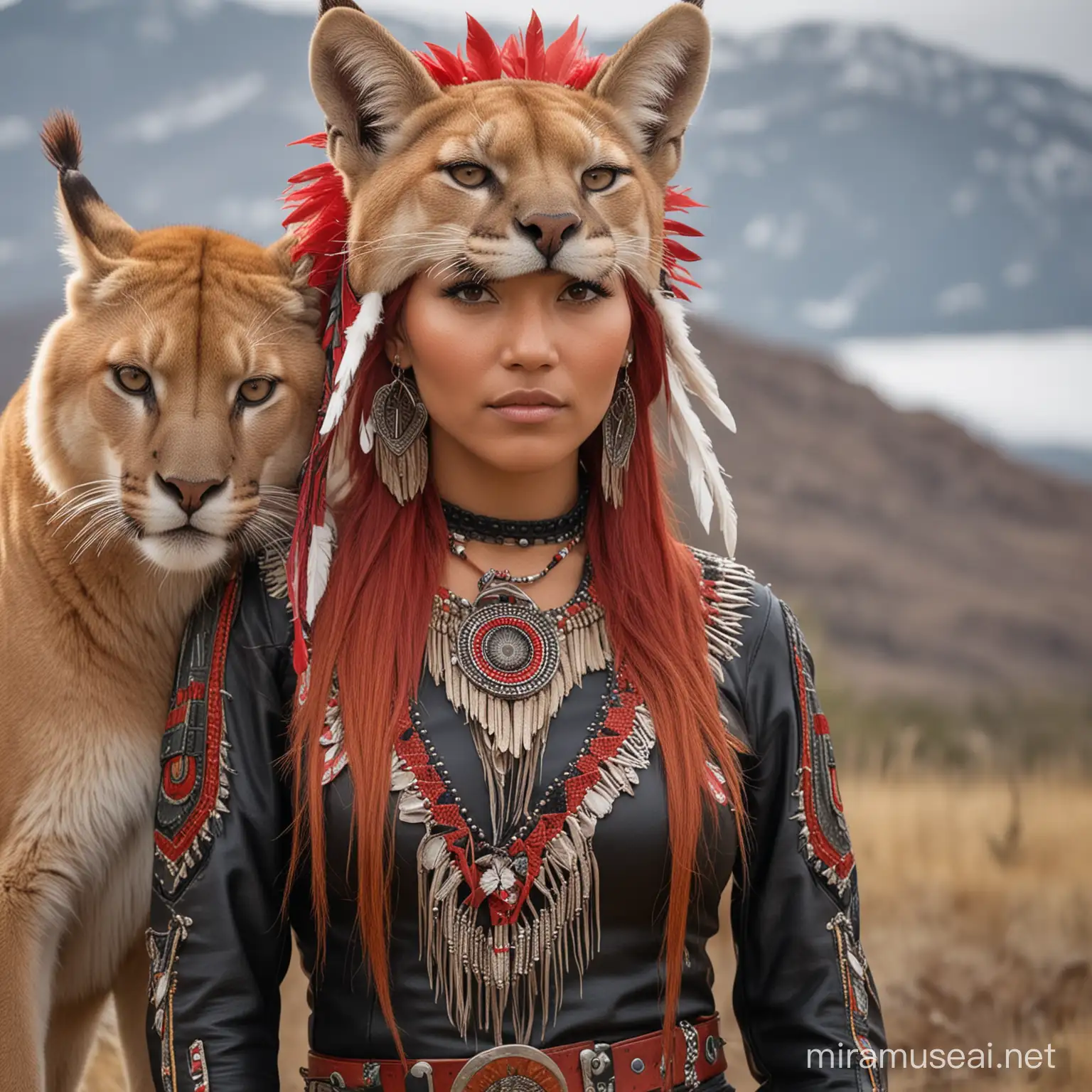 native american female with red hair with red and black leather clothes and a mountain lion animal headdress
