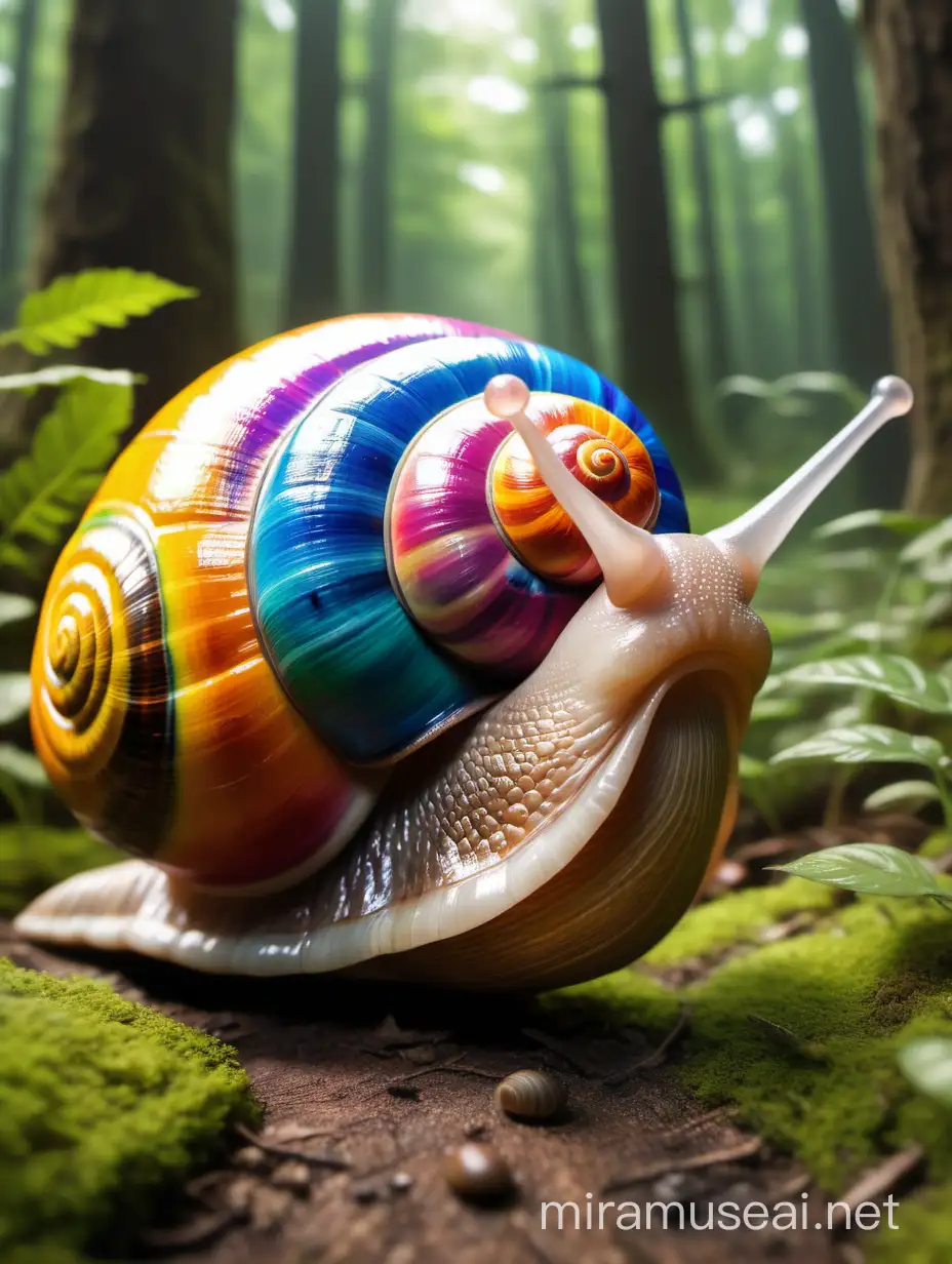 close up front view of talking snail, whimsical face, psychadelic colored shell, cartoon like, trail left behind him in forrest