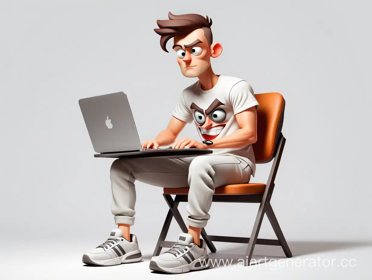 Белый фон. На белом фоне человек в футболке  и в штанах в кедах сидит в кресле за столом за ноутбуком. Человек как из мультика. 