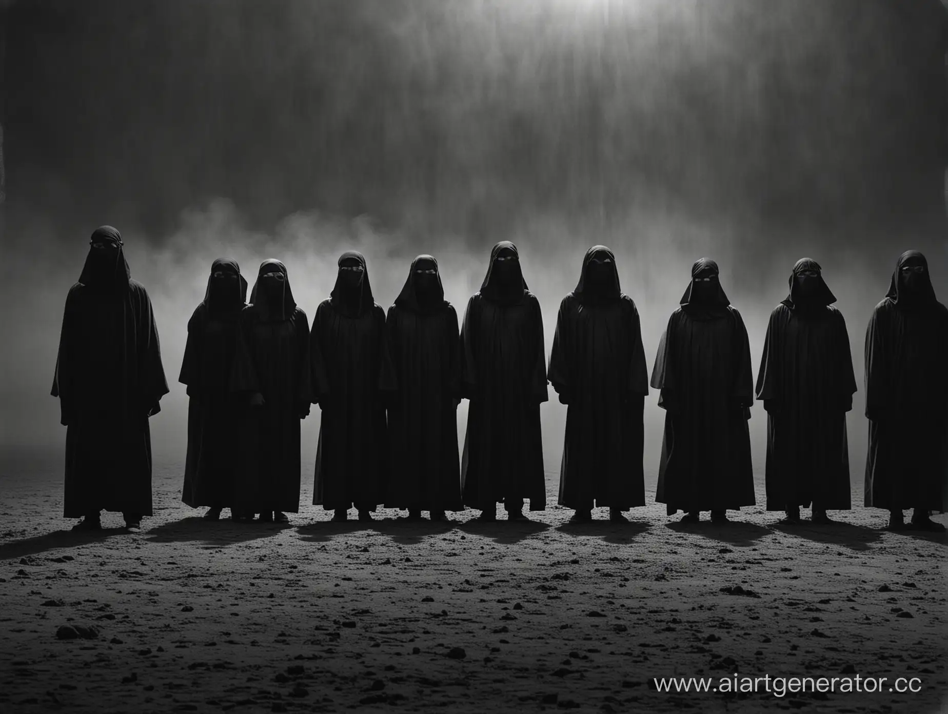 A group of people standing in a dark and blurry background, all clad in long, flowing black robes. Their faces are concealed behind featureless black masks that cover their entire head, leaving even their eyes unvisible. The robes and masks give off an air of secrecy and anonymity, as if these individuals belong to a clandestine order. The lighting is dim and eerie, casting long shadows across the scene, further obscuring any identifying features. The group stands in a loose formation, as if they are awaiting instructions or deliberating on some important matter. The tension is palpable, as each person seems to be carefully observing the others, their unseeing eyes darting about beneath the masks. The image evokes a sense of mystery and foreboding, leaving the viewer to wonder what sinister secrets these individuals might be hiding behind their enigmatic masks.