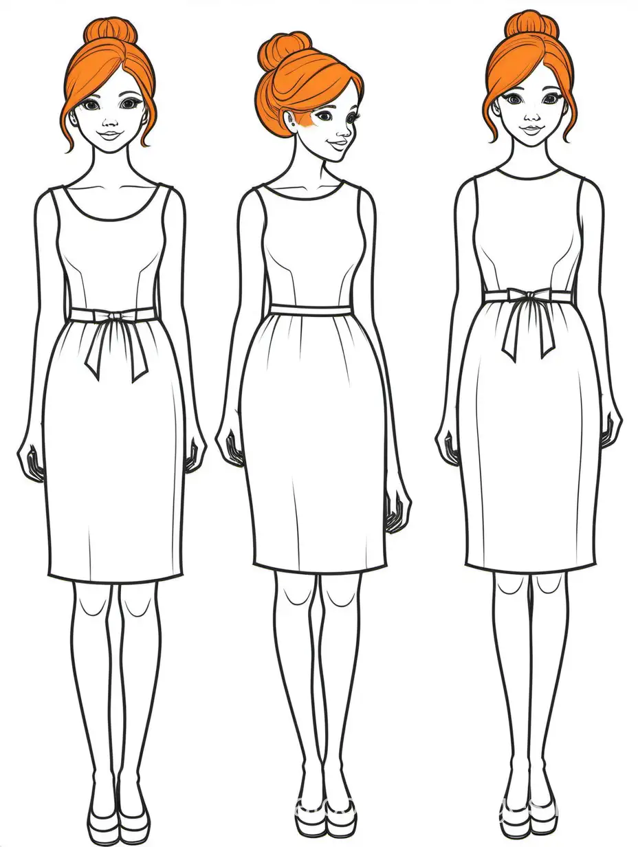 Junior-Bridesmaid-Girl-with-Orange-Hair-in-Various-Poses-and-Dresses-Coloring-Page