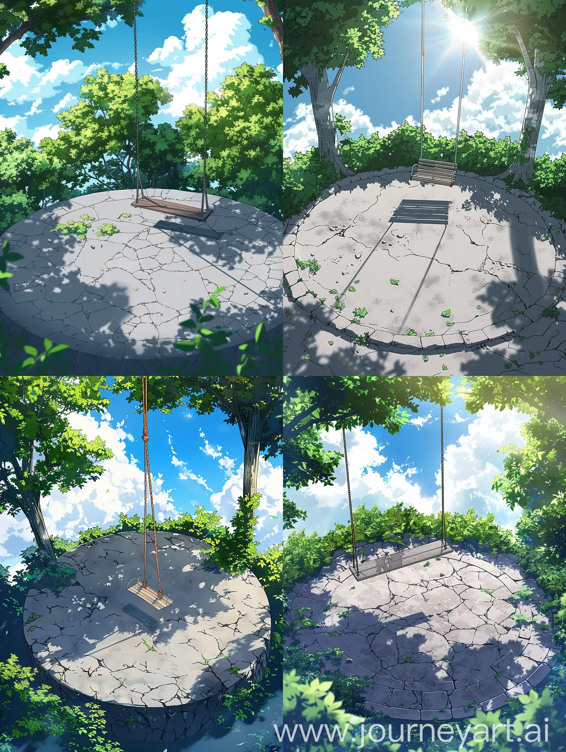 A swing is located on a large circular spot made of gray stones.  The gray spot is surrounded by green trees, and some green leaves are around the swing in the ground patch.  Sunshine, blue sky, white clouds, anime style.