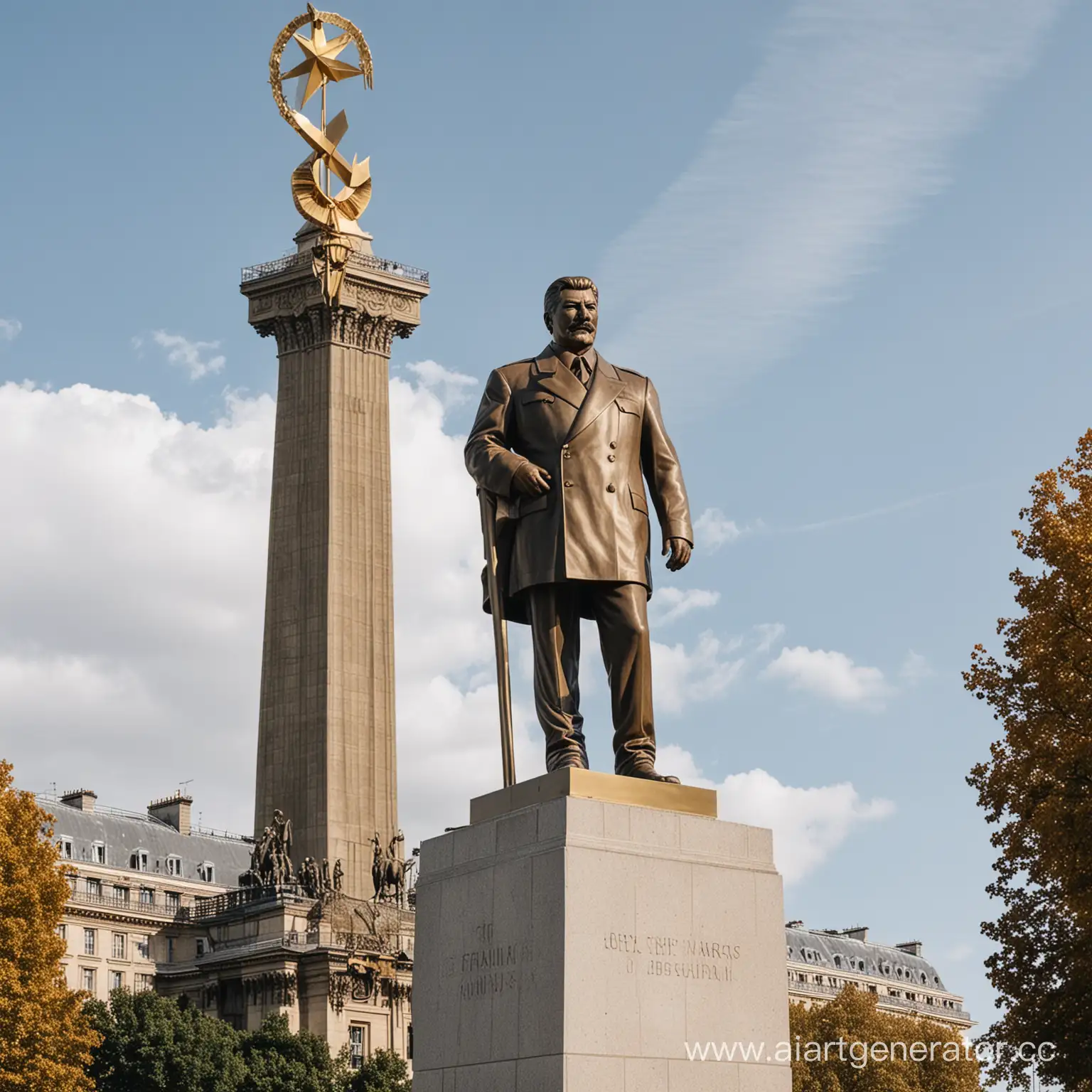 Огромная статуя Сталина с золотым серпом на большом кубическом постаменте в Париже без Эйфелевой башни.