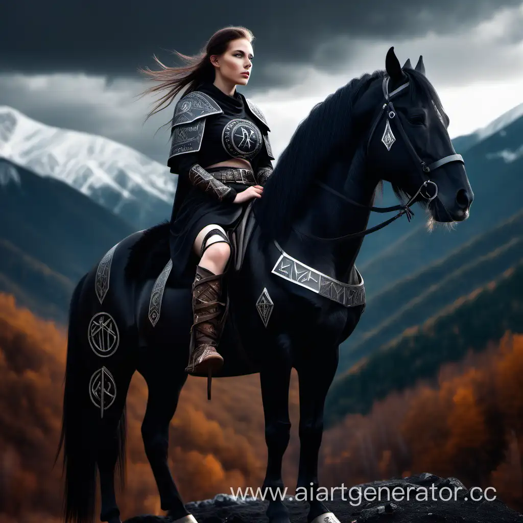 Женщина воин,  с рунами на теле. Сидящая на  черном коне в горах.