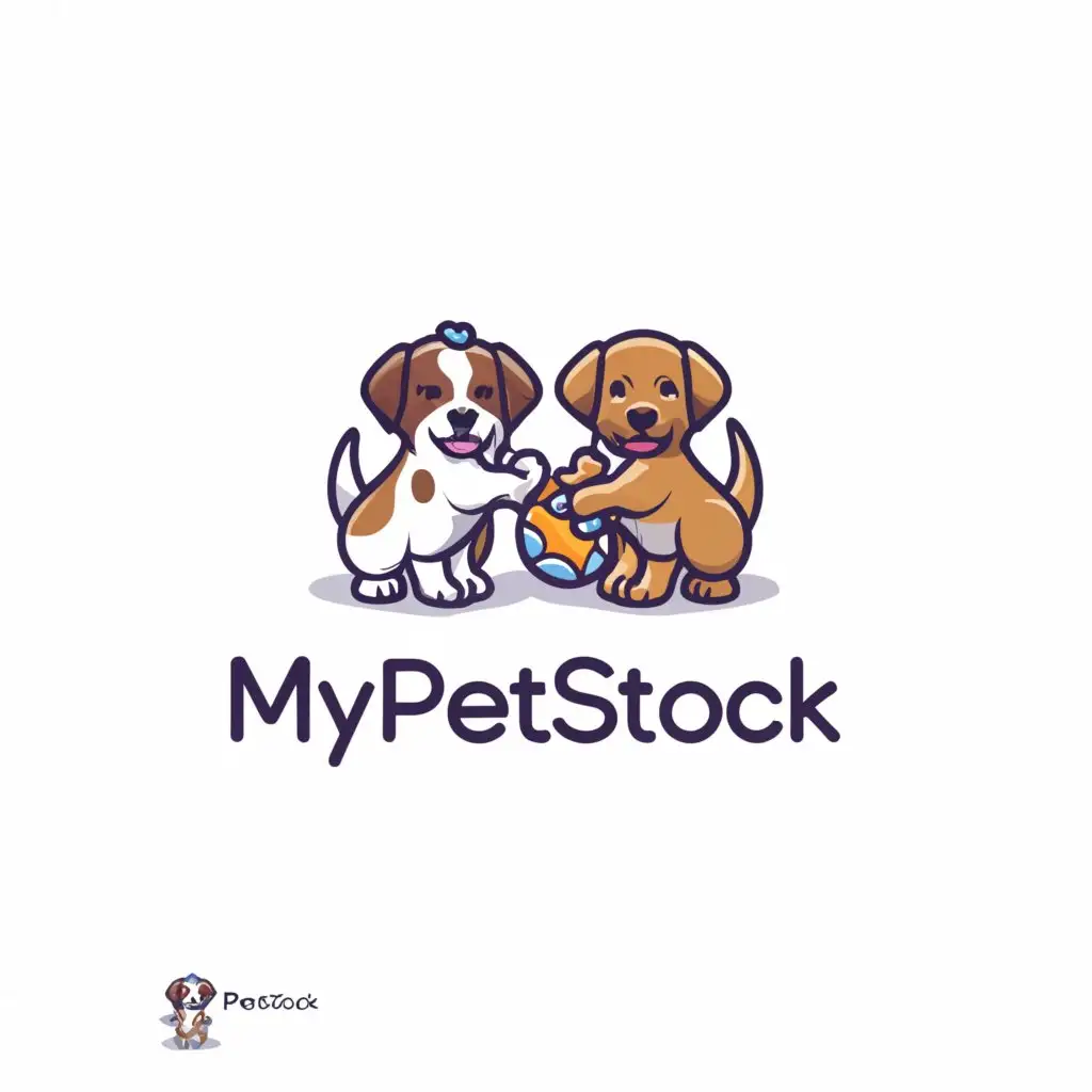 a logo design,with the text "MyPetStock", main symbol:two dogs playing with Pet Accessories very happy,Moderate,be used in Animals Pets industry,clear background
