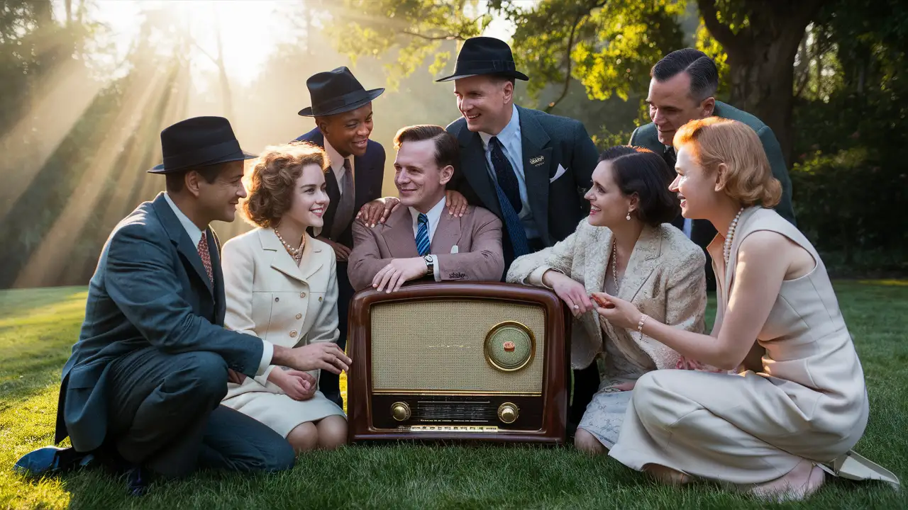 A group of ethnically diverse men and women, circa 1950, standing around an old time radio on a lush green lawn. Full color, photographic quality, cinematic lighting.