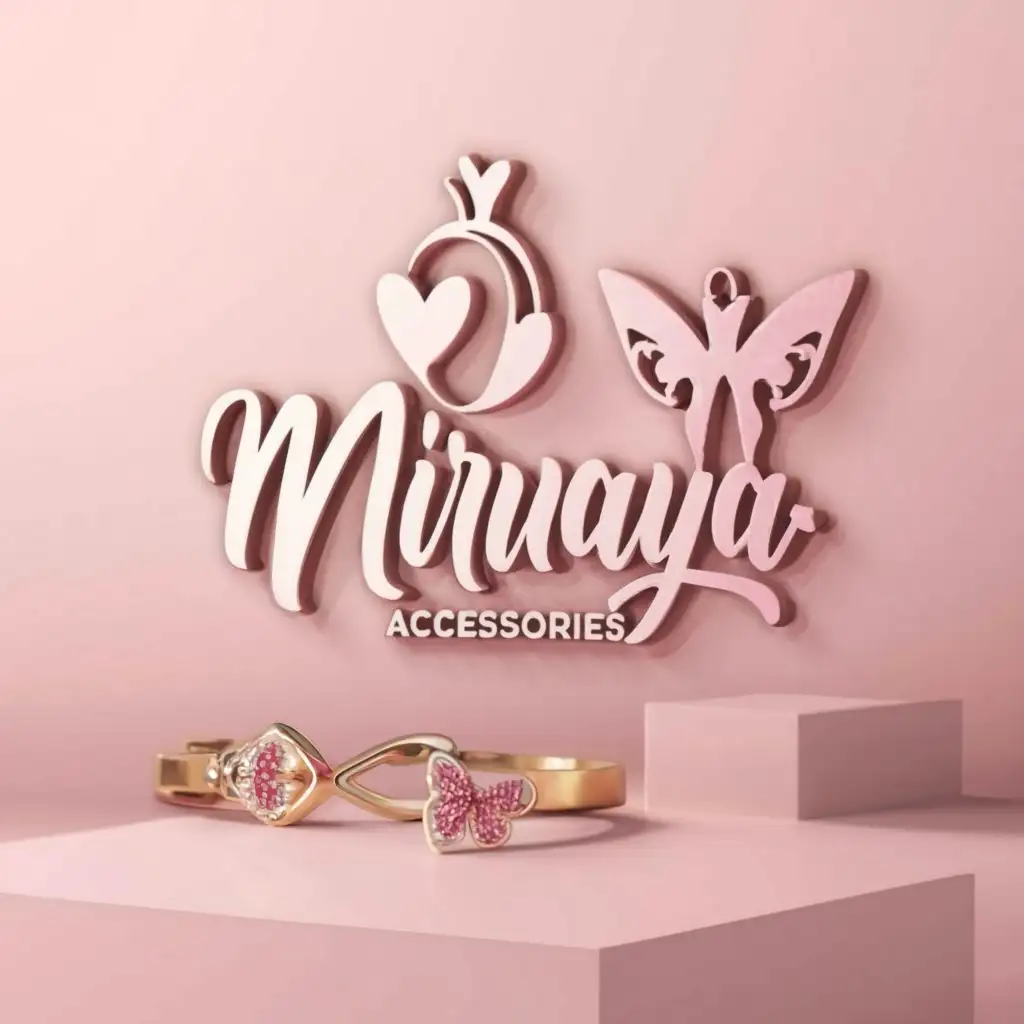 a logo design,with the text Mirnaya accessories, main symbol:Design a 3D logo for an Instagram business page titled Mirnaya Accessories, specializing in selling bracelets, earrings, necklaces and rings. The primary color scheme should include shades of pink and white, or solely pink. Key elements of the logo should feature the name Mirnaya Accessories in a feminine font, you may use the name as a girl with the bracelet around it containing a heart or a butterfly alongside representations of the accessories.,Minimalistic,clear background