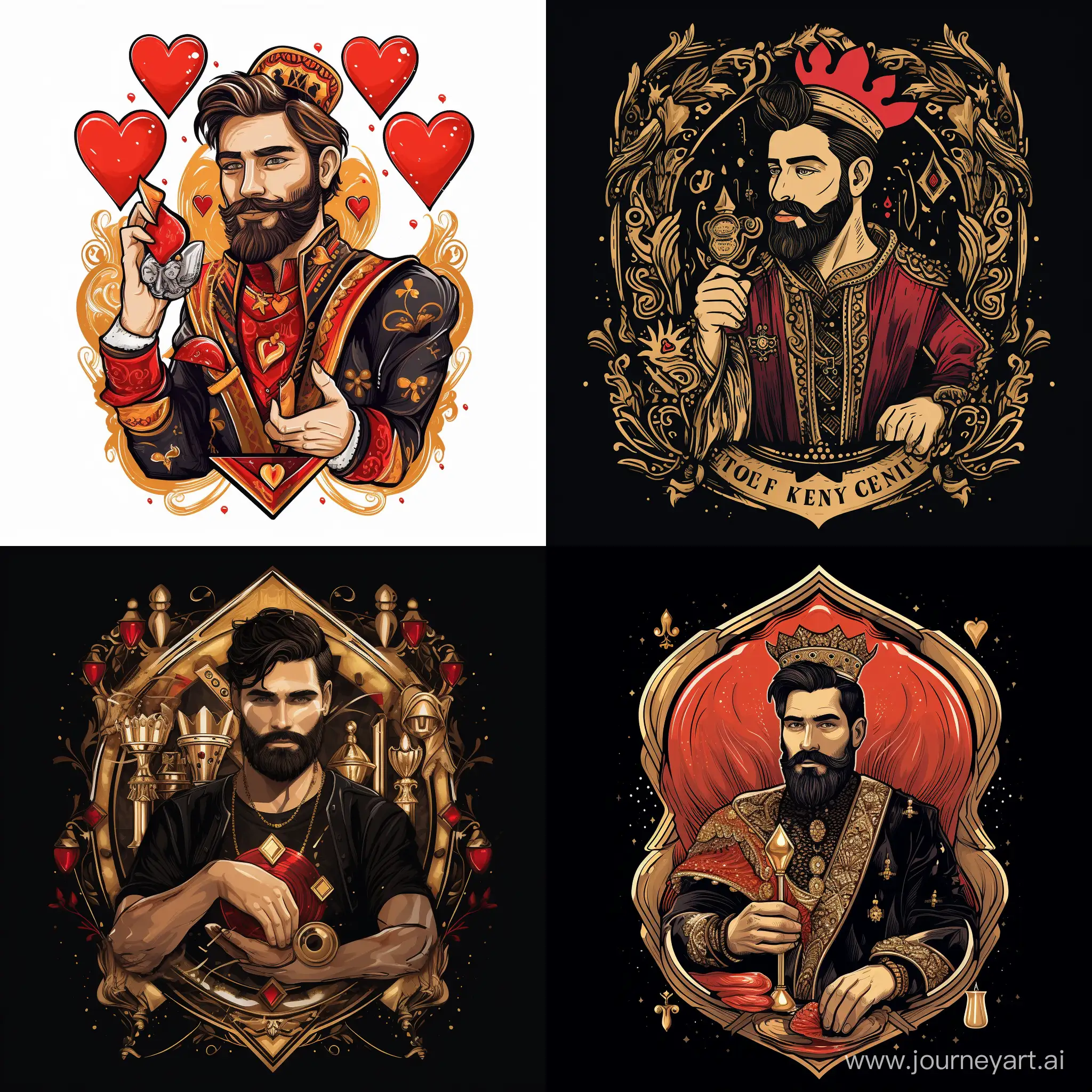 un roi de coeur dans un jeu de carte,  noir et barbu, des coeurs en rubis sur la couronne, un sceptre en or à la main  