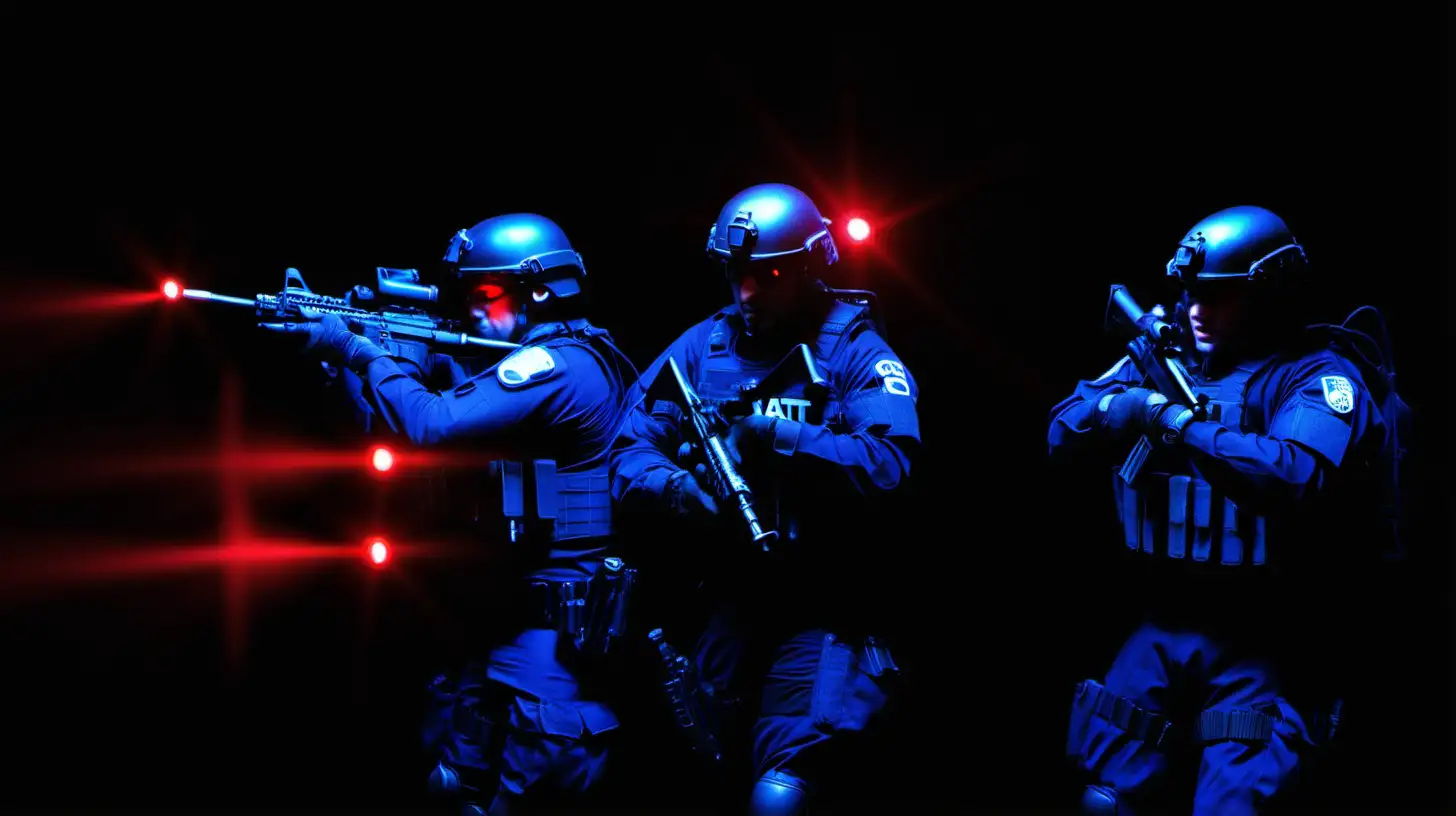 SWAT officers conducting a thorough search, aided by alternating blue and red lights), (No specific camera equipment), (Dynamic, alternating blue and red lights illuminating the search area), (Description emphasizing the SWAT team's search with the assistance of flashing blue and red lights