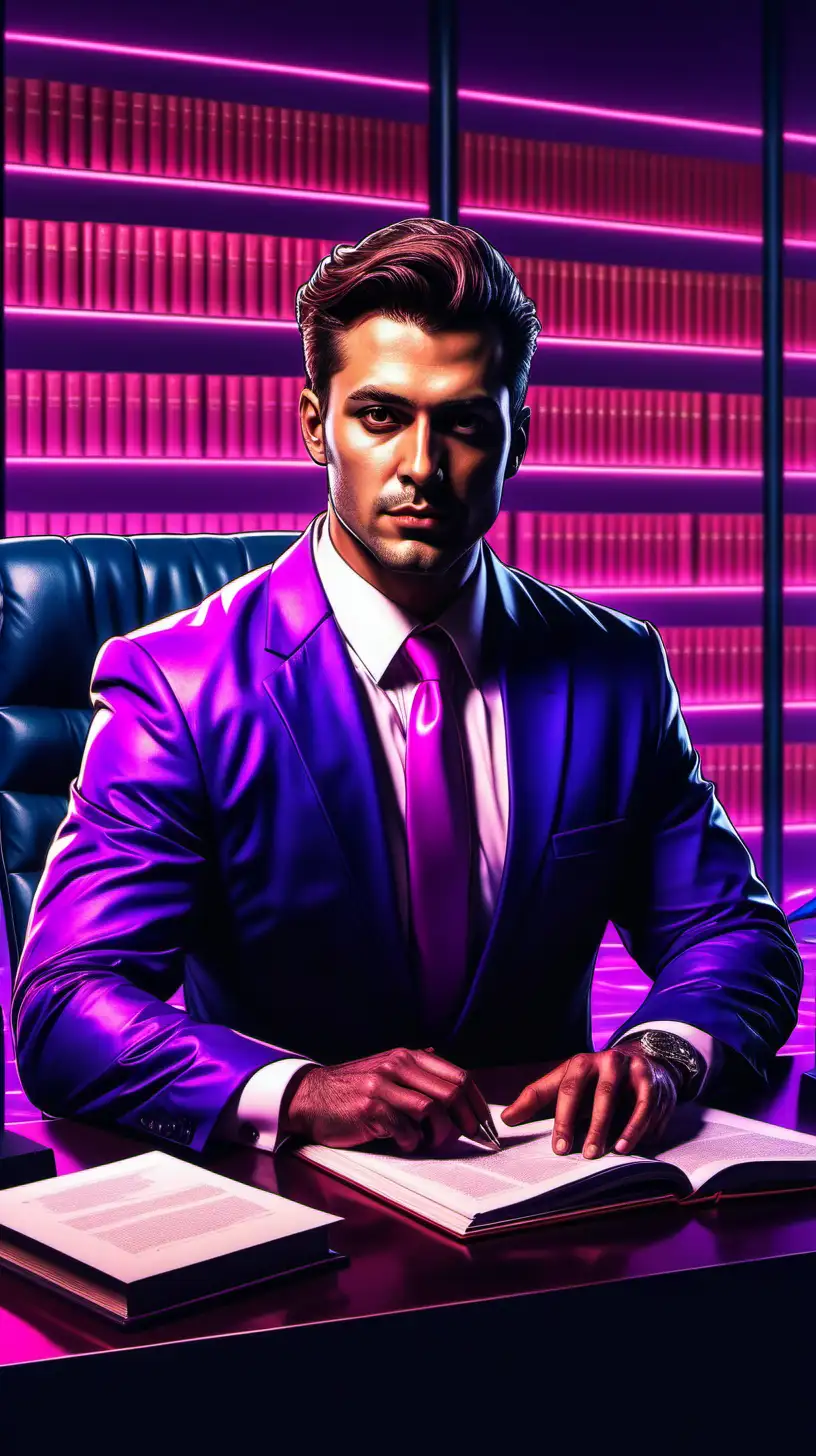 Sophisticated 30YearOld Lawyer in Luxurious Synthwave Office