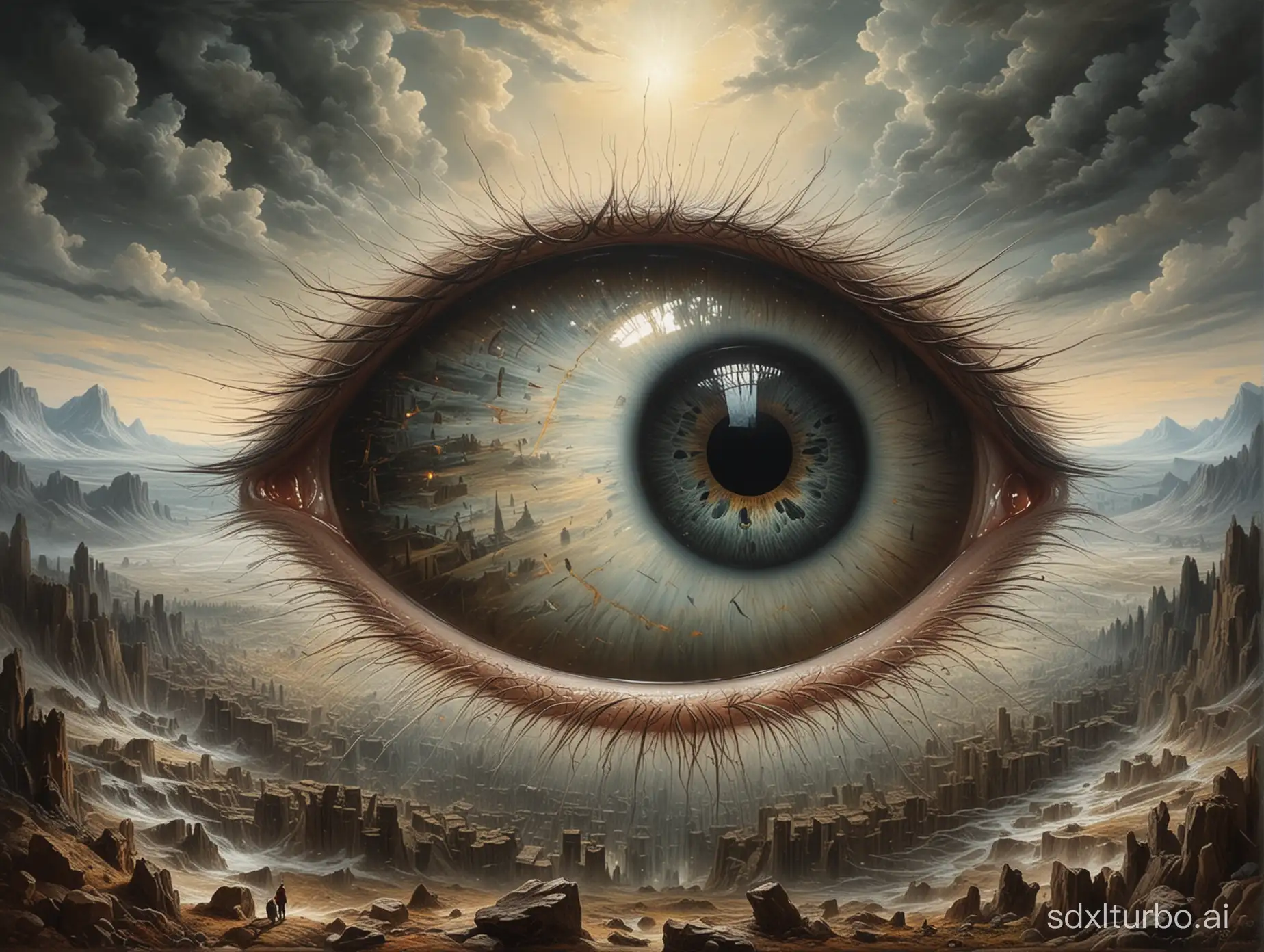 In the center of the image looms a solitary colossal eye, its gaze penetrating and arresting. Beholden to its enormity, the viewer is drawn into a realm where perception and reality converge, evoking a sense of awe and intrigue.