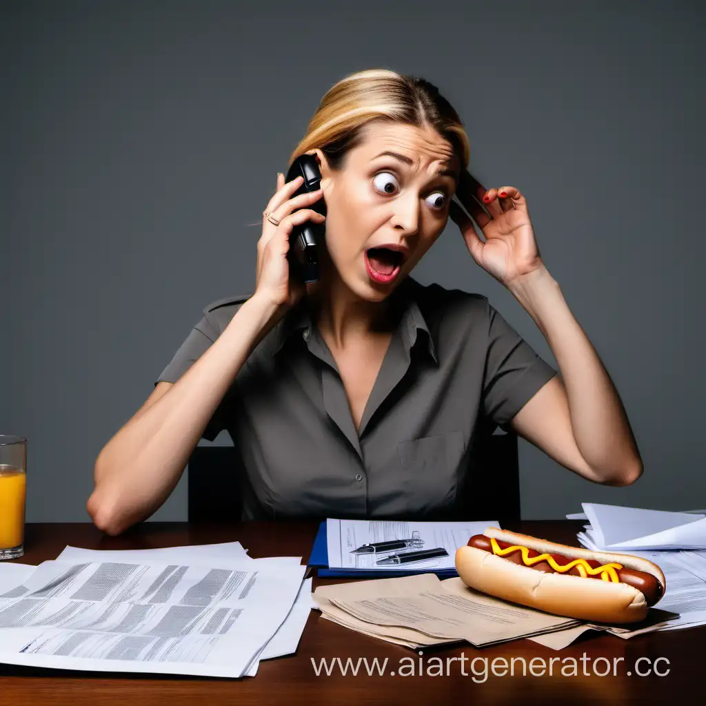 a woman who holds a phone to her ear, and on the table is some half-eaten hot dog and a bunch of documents