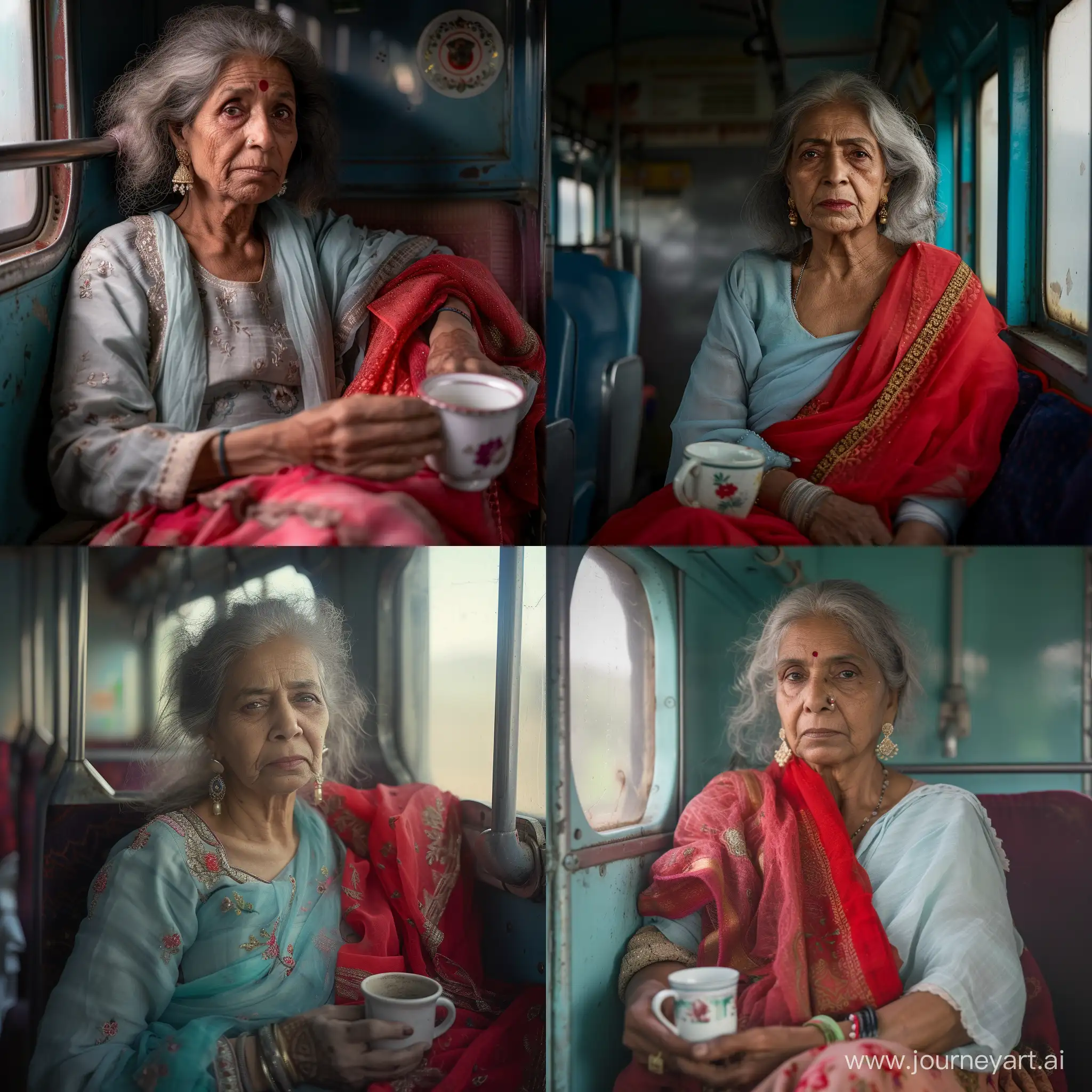 Elegant-50YearOld-Indian-Woman-Crafting-Tea-in-Traditional-Attire-on-Vintage-Train