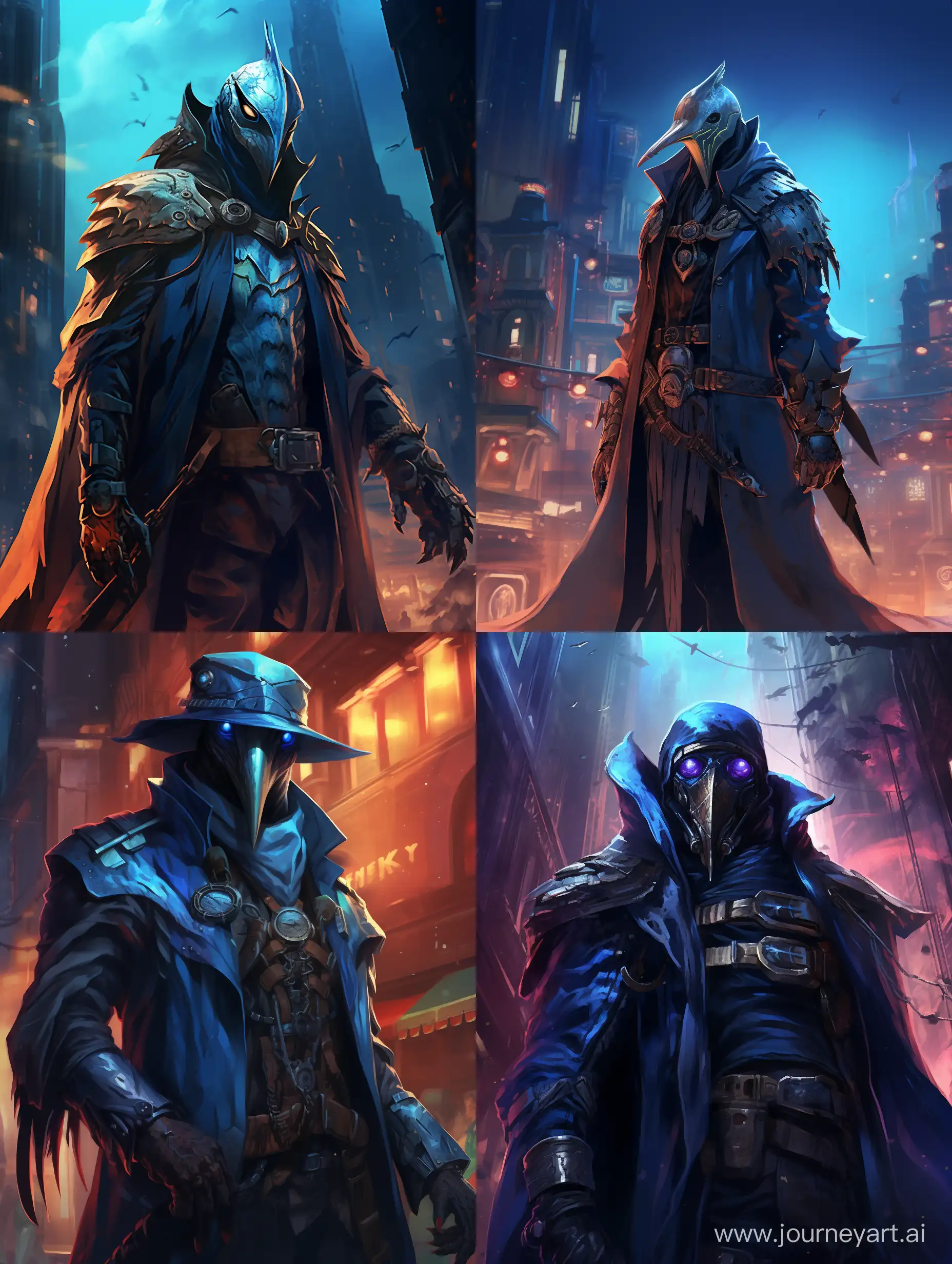 Modern-Cyberpunk-City-Encounter-with-Strict-Plague-Doctor-in-Shades-of-Blue