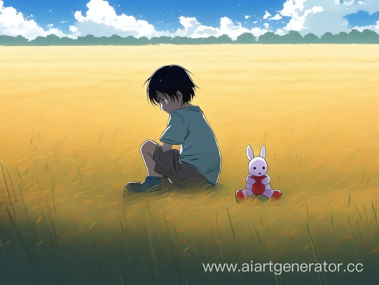 ребенок сидит один в поле с игрушкой и грустит  картина выполнена в аниме стиле как воспоминание о лучших днях жизни