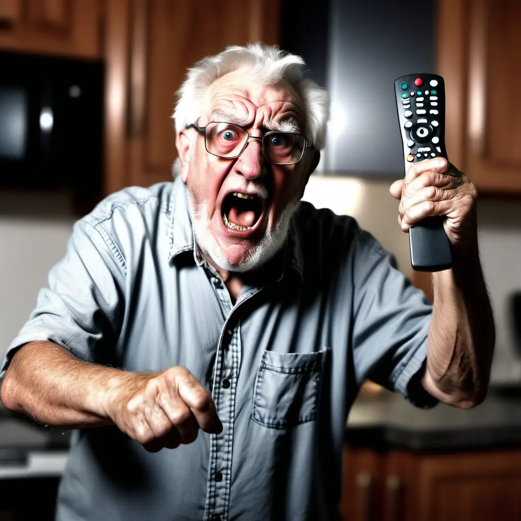 angry grandpa holding tv remote, shouting , background dirty kitchen, blurred