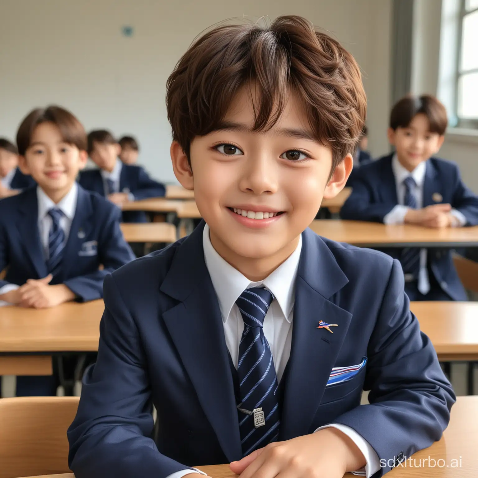 a 7 years old boy, shy and smile, with Cha Eun-woo face, brown hair, a little bit curly, blue eyes ultra detailed illustration of a beautiful boy, he is wearing a dark blue suit tie primary school uniform, he is sitting on a class room, back ground is teacher and other classmates in same uniform.