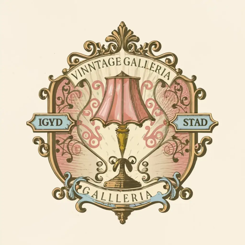 a logo design,with the text "vintage galleria", main symbol:Where Every Piece Tells a Story.
lamps, mirrors something like this in color light blue, pink, light purple, light brown