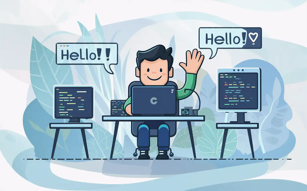 Greeting in Code Friendly Hello on LightColored Programmer Background
