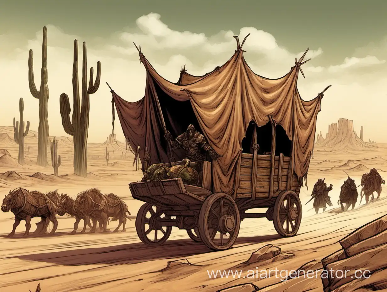 Повозка в пустыне едет в город, который населяют орки.