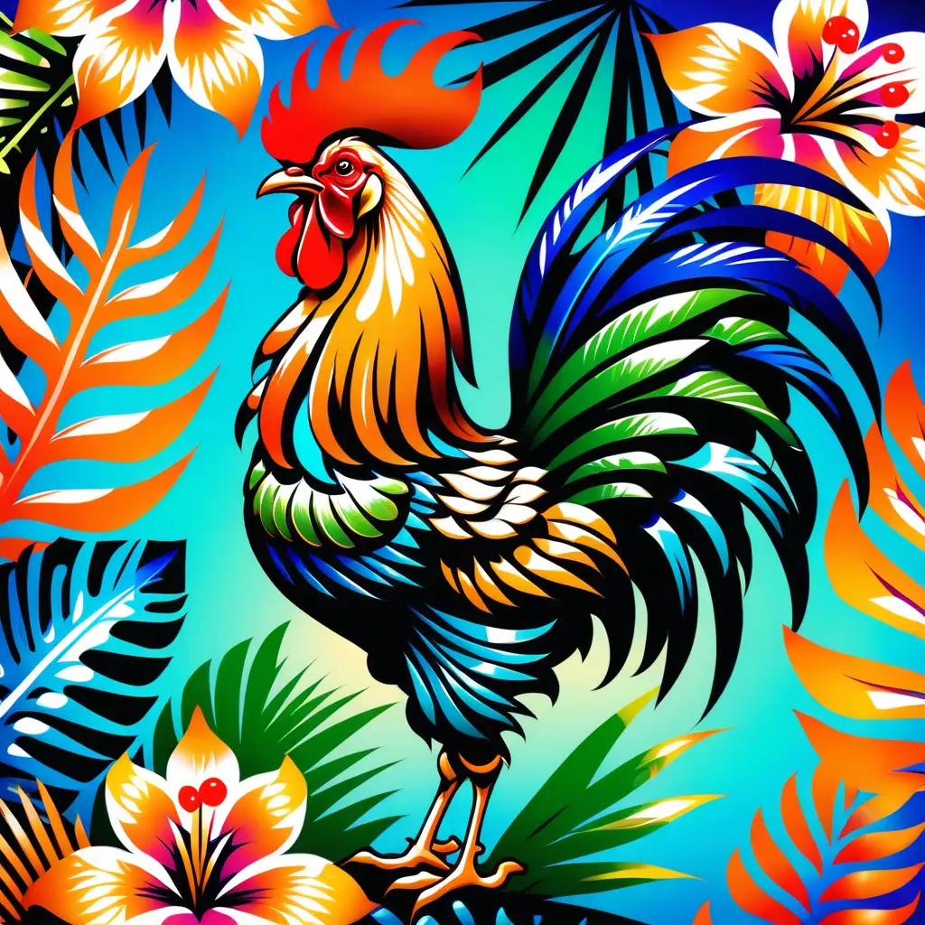 a stylized and colorful tropical rooster in tropical Kaua'i.
