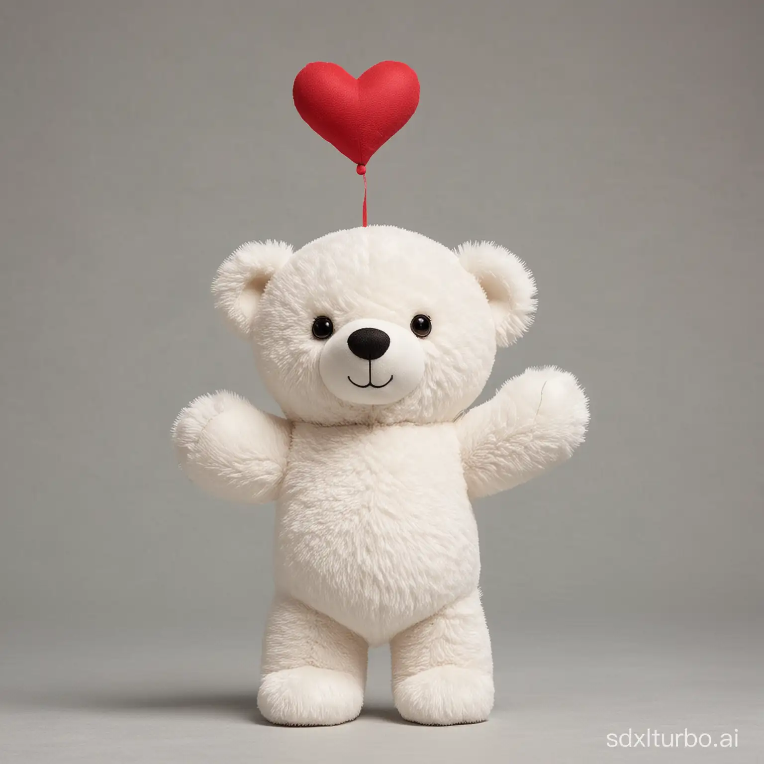  a tall white teddy bear standing, one hand up and curved like a half heart shape
